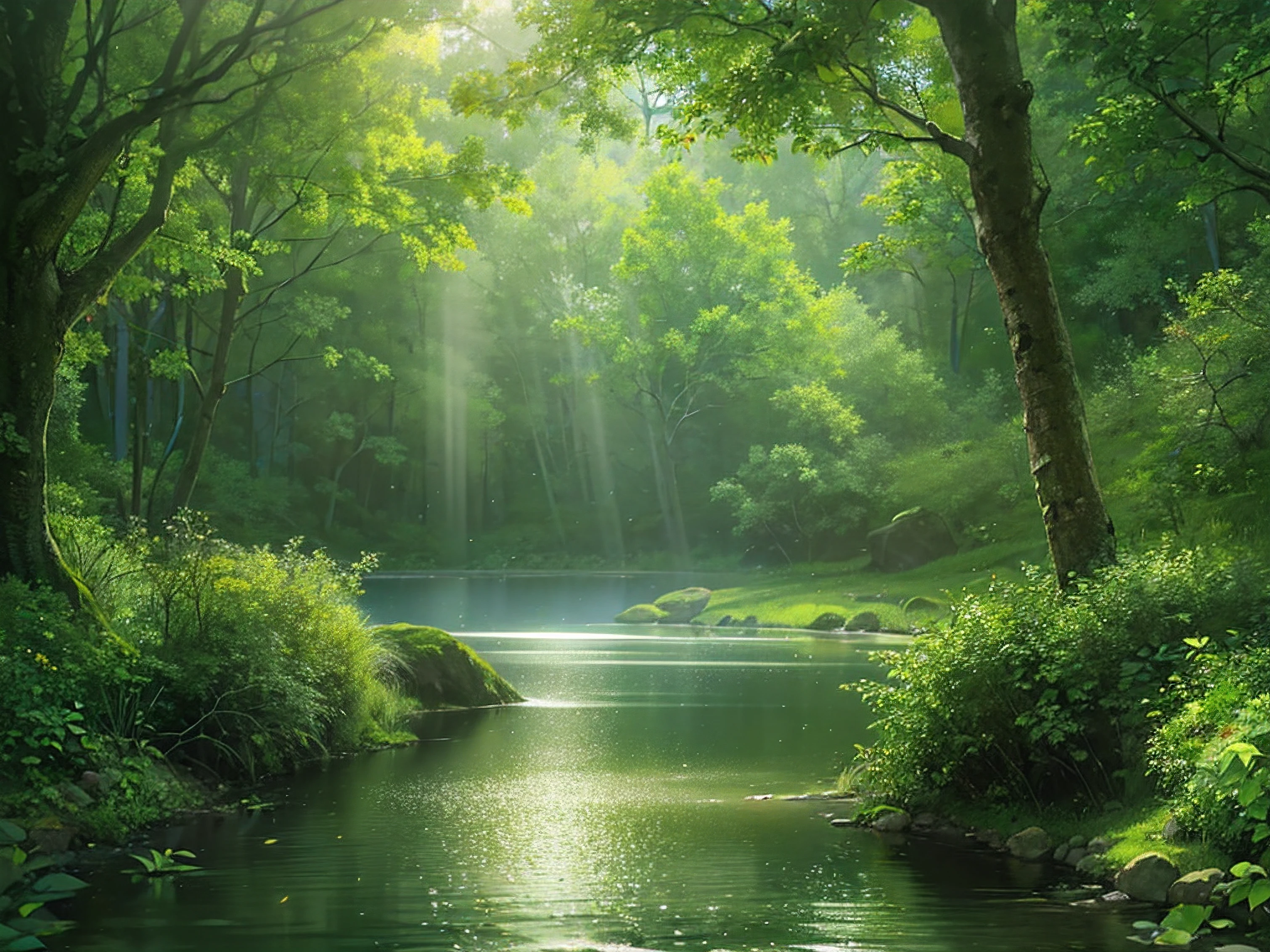 (a beautiful river flowing through a mystical forest) ,nature,landscape,scenery,serene,riverside tranquility,lush green trees,majestic mountains,ethereal mist,dreamlike atmosphere,calm flowing water,sunlight filtering through the leaves,mysterious shadows,harmonious color palette,subtle color gradients,soft natural lighting,magical ambiance,peaceful serenity,majestic beauty,gentle breeze,rays of sunlight dancing on the water,whispering leaves,crisp air,mystical creatures hidden in the forest,lush vegetation,ambient sounds of nature,harmony between land and water,tranquil escape,nature's masterpiece,unspoiled wilderness