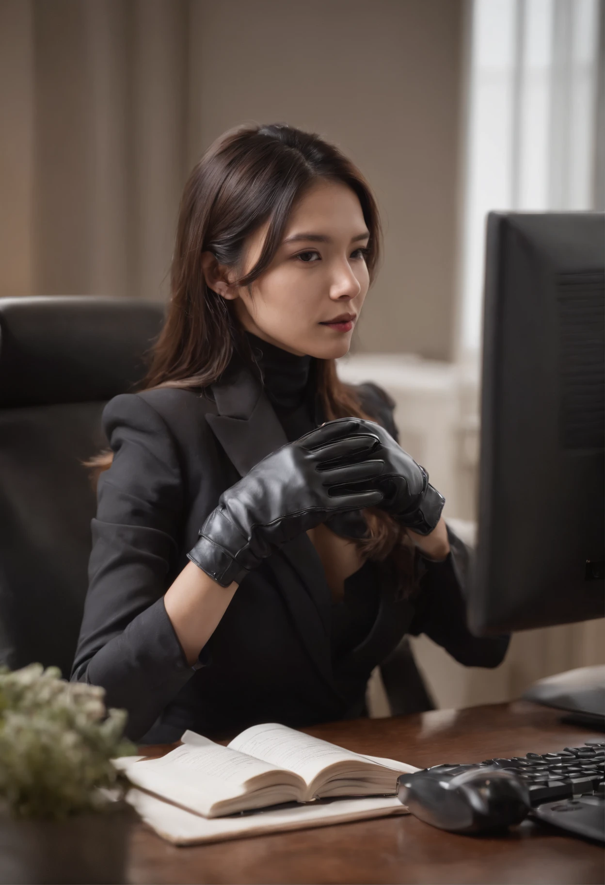 Wearing black leather gloves in both hands, upper body, black business suit, facing the desk in my room with a computer in the dark, operate the computer keyboard with the fingertips of black leather gloves while looking at the screen, long, black hair bundled in the back, Japanese female new employee (black leather gloves cover both hands) (angle is in the front)