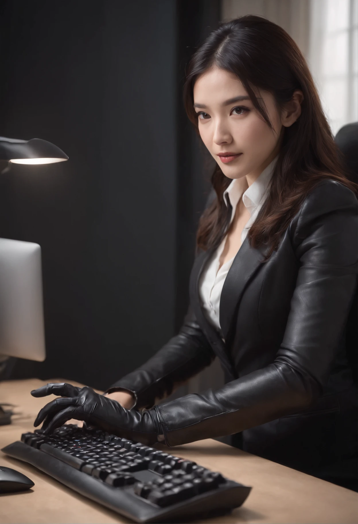 Wearing black leather gloves in both hands, upper body, black business suit, facing the desk in my room with a computer in the dark, operate the computer keyboard with the fingertips of black leather gloves while looking at the screen, long, black hair bundled in the back, Japanese female new employee (black leather gloves cover both hands) (angle is in the front)
