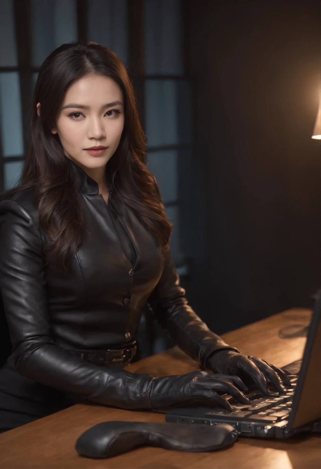 Wearing black leather gloves in both hands, upper body, black business suit, facing the desk in my room with a computer in the dark, operate the computer keyboard with the fingertips of black leather gloves while looking at the screen, long, black hair bundled in the back, Japanese female new employee (black leather gloves cover both hands) (angle is in the front)