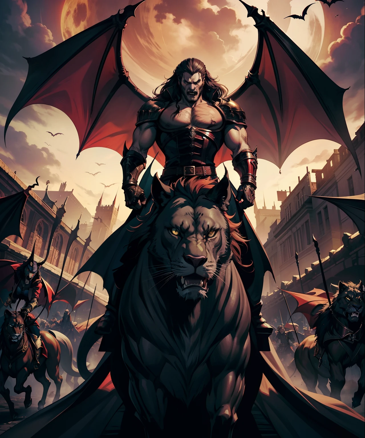 Lord Dracula Castlevania shadow lords riding big legendary roaring lion with an army of demons behind him hyper realistic super detailed
