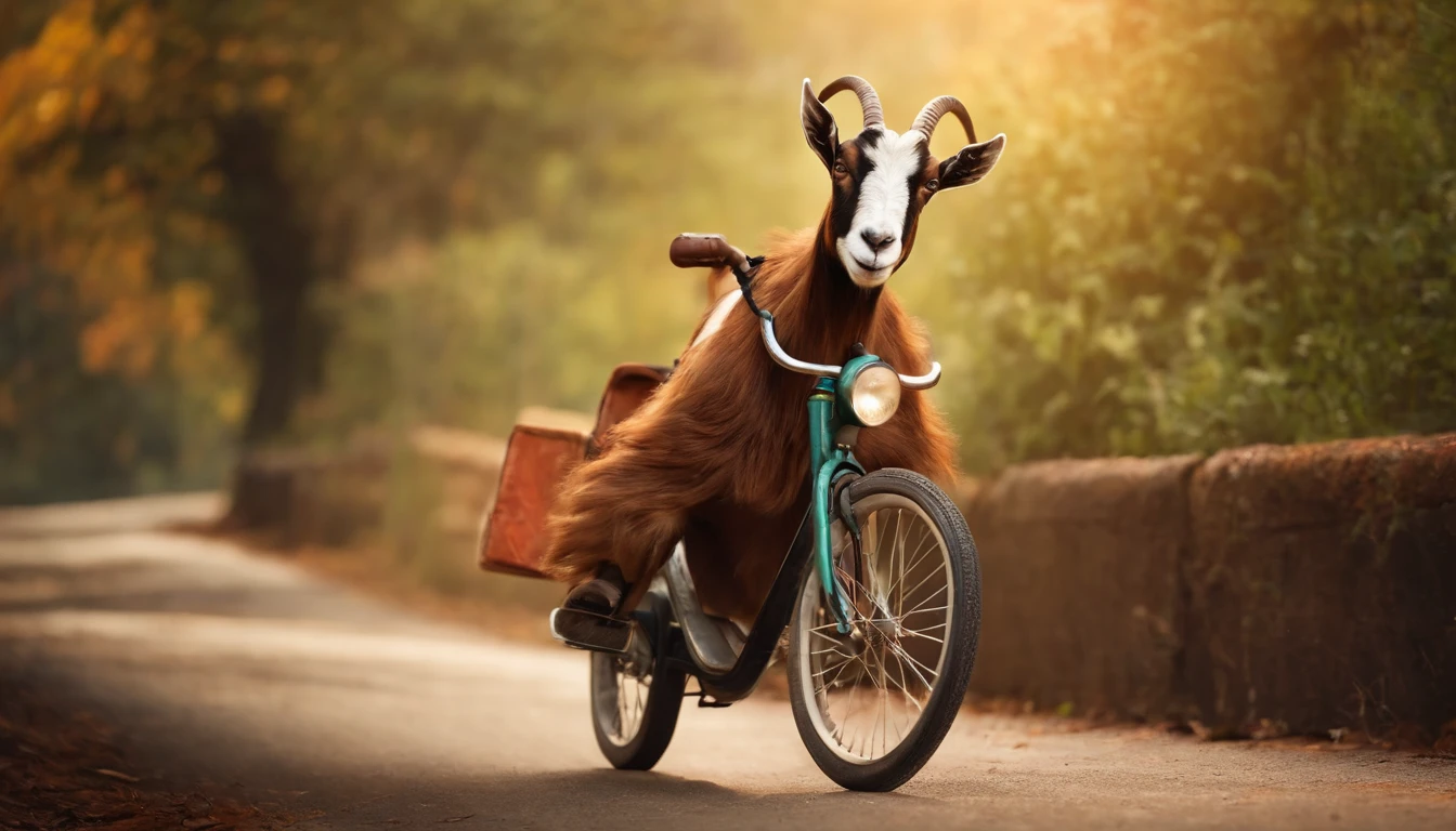 There is a goat riding a bike down a road with a basket on the back ...