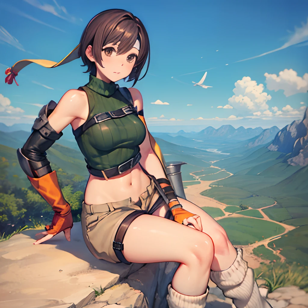 Top image quality,((detaileds)),(((reallistic))),4K,masutepiece,Short hair, head band, Sleeveless, turtle neck, Brown eyes, sleeveless turtleneck,  gloves, ,croptop, Brown hair ,Midriff, open fly, Fingerless gloves,armor, Ribbed sweater, Shorts,Loose socks,medium breasts, Yuffie_Kisaragi_01,slender,Shorts,Fantasy Art,green aura,great outdoors