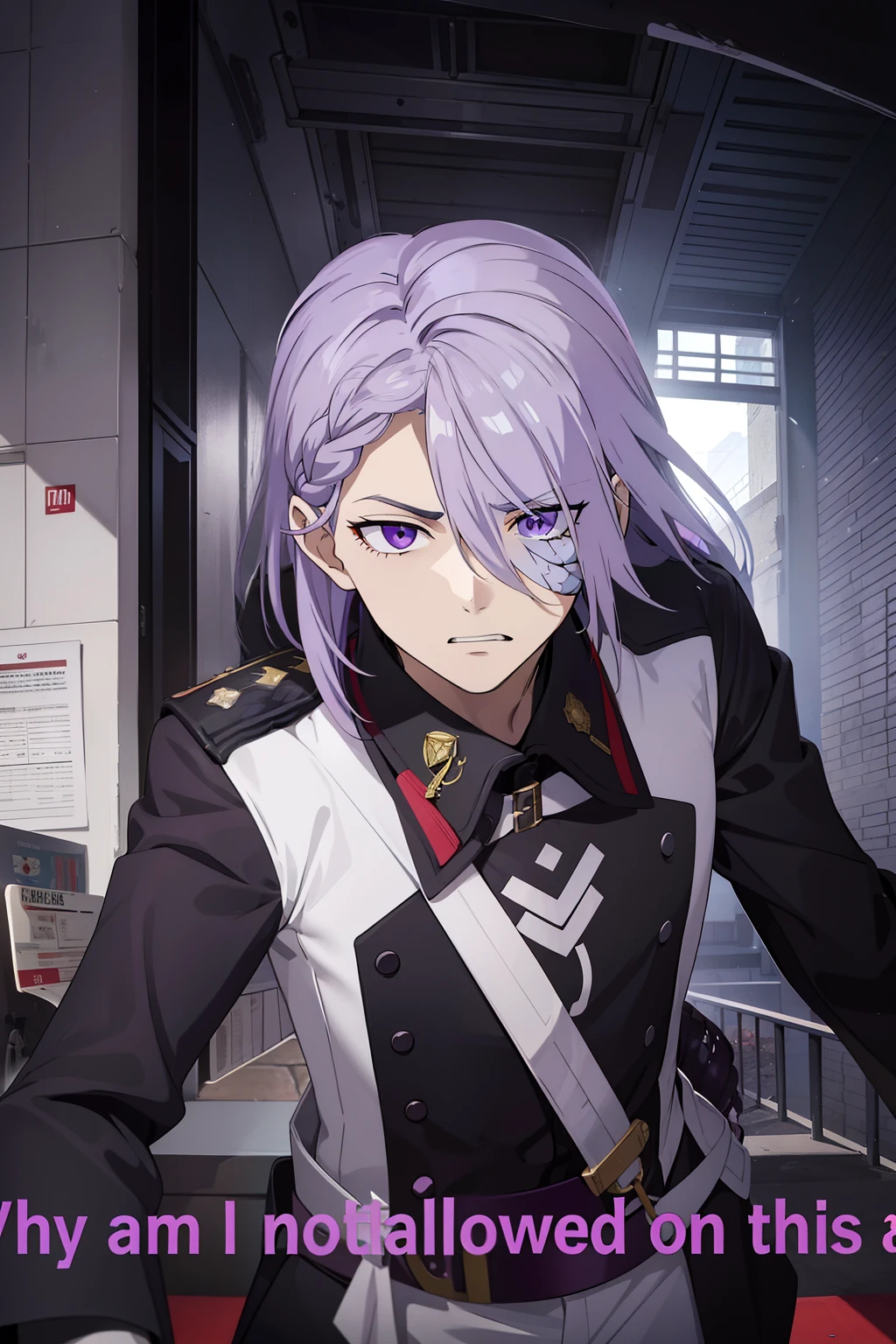 A-Dry is tall, Has sharp purple eyes、Young man with lilac-gray hair. His left eye is obscured by his hair bangs、The hair on the other side is braided from a bob. His left eye was wounded by a gunshot.、was covered with bandages. When his left eye was not bandaged, The injured person in his left eye was、Although there were vertical scars and bruises to replace the original eye that remained removed due to irreparability. angry face.