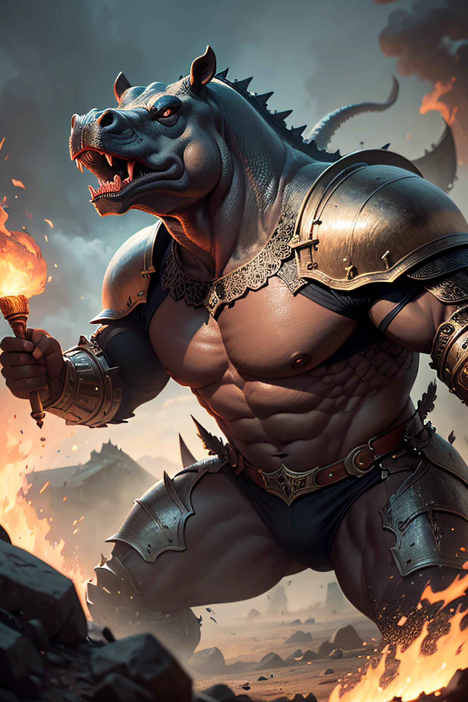 (extremely detailed CG unity 8k wallpaper, masterpiece, best quality, ultra-detailed), best lighting, best shadow (a very strong, giant, muscular humanoid bear wearing battle armor), fierce expression, sharp claws, wild nature, cave entrance, bright fire, heavy smoke, volumetric light.