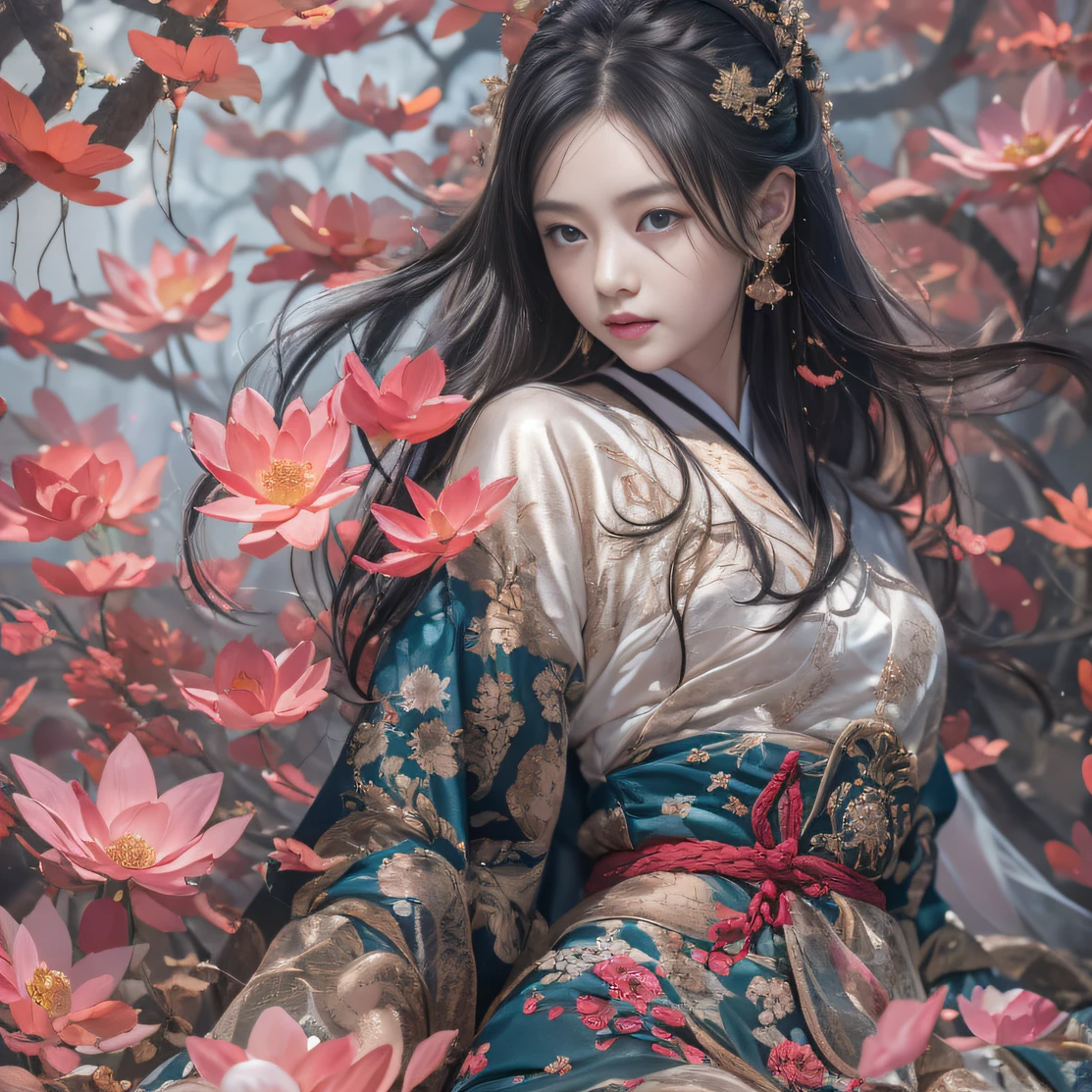 32K（tmasterpiece，k hd，hyper HD，32K）Long flowing black hair，ponds，zydink， a color， Aozhou people （Concubine girl）， （Silk scarf）， Combat posture， looking at the ground， long whitr hair， Floating hair， Carp pattern headdress， Chinese long-sleeved clothing， （abstract ink splash：1.2）， Pink petal background，Pink and white lotus flowers fly（realisticlying：1.4），Black color hair，Fallen leaves flutter，The background is pure， A high resolution， the detail， RAW photogr， Sharp Re， Nikon D850 Film Stock Photo by Jefferies Lee 4 Kodak Portra 400 Camera F1.6 shots, Rich colors, ultra-realistic vivid textures, Dramatic lighting, Unreal Engine Art Station Trend, cinestir 800，Long flowing black hair，Denim skirt