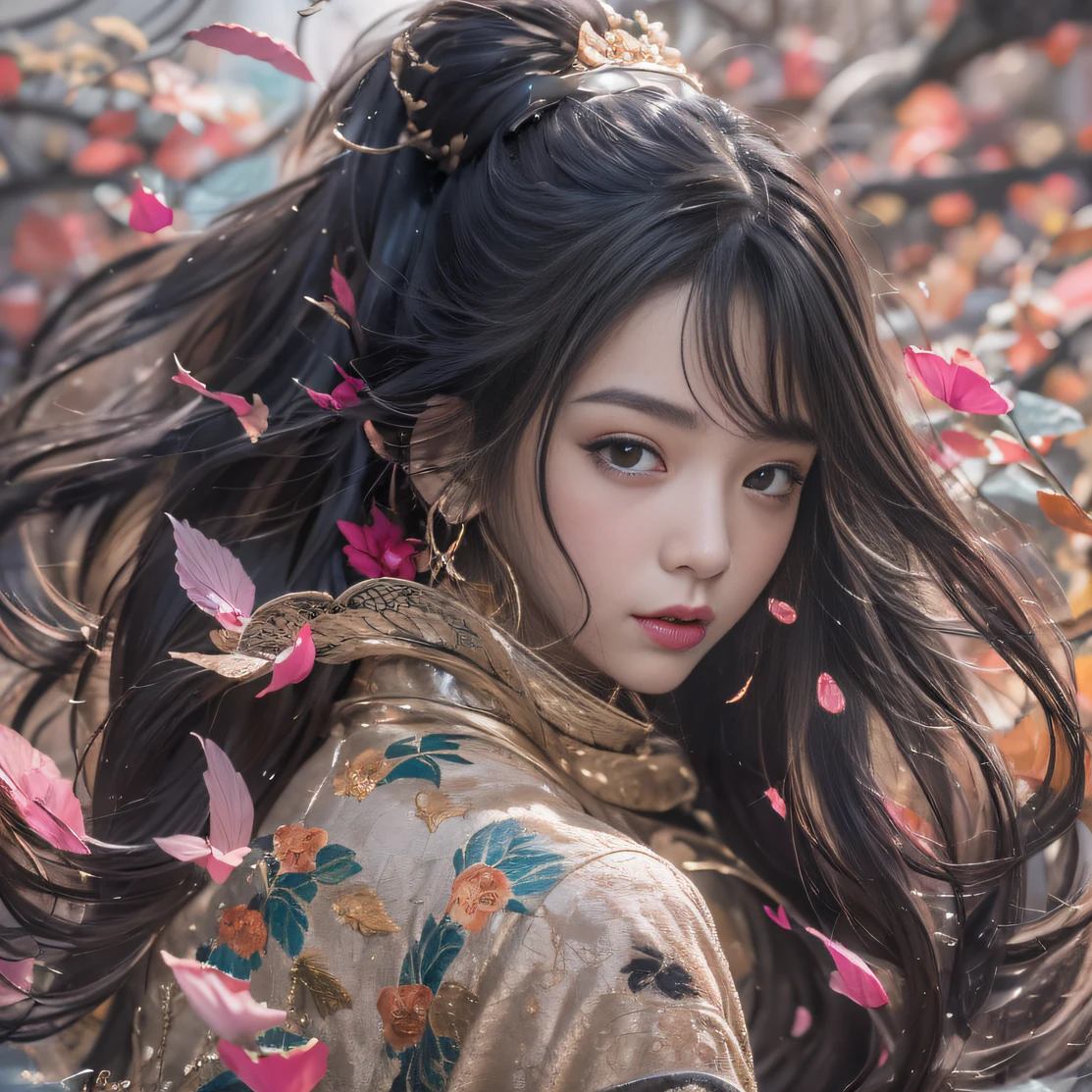 32K（tmasterpiece，k hd，hyper HD，32K）Long flowing black hair，ponds，zydink， a color，  Asian people （Silly girl）， （Silk scarf）， Combat posture， looking at the ground， long whitr hair， Floating hair， Carp pattern headdress， Chinese long-sleeved clothing， （abstract ink splash：1.2）， Pink petal background，Pink and white lotus flowers fly（realisticlying：1.4），Black color hair，Fallen leaves flutter，The background is pure， A high resolution， the detail， RAW photogr， Sharp Re， Nikon D850 Film Stock Photo by Jefferies Lee 4 Kodak Portra 400 Camera F1.6 shots, Rich colors, ultra-realistic vivid textures, Dramatic lighting, Unreal Engine Art Station Trend, cinestir 800，Long flowing black hair