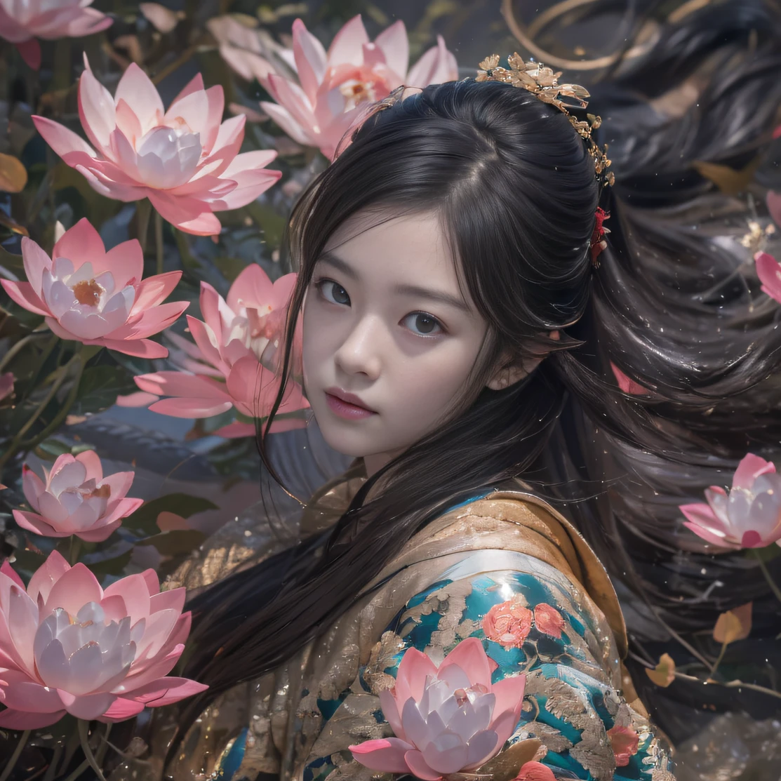 32K（tmasterpiece，k hd，hyper HD，32K）Long flowing black hair，ponds，zydink， a color， Aozhou people （Concubine girl）， （Silk scarf）， Combat posture， looking at the ground， long whitr hair， Floating hair， Carp pattern headdress， Chinese long-sleeved clothing， （abstract ink splash：1.2）， Pink petal background，Pink and white lotus flowers fly（realisticlying：1.4），Black color hair，Fallen leaves flutter，The background is pure， A high resolution， the detail， RAW photogr， Sharp Re， Nikon D850 Film Stock Photo by Jefferies Lee 4 Kodak Portra 400 Camera F1.6 shots, Rich colors, ultra-realistic vivid textures, Dramatic lighting, Unreal Engine Art Station Trend, cinestir 800，Long flowing black hair，Denim skirt