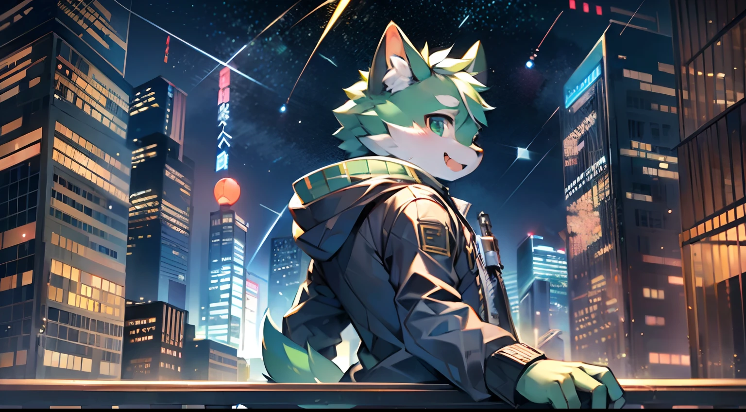 (a green fur boy wearing a gray jacket and gray pants, a cat, standing on a rooftop, surrounded by skyscrapers, bustling cityscape, night-lit skyline, Japanese style, fluffy chest, close-up portrait, close-up of the head, on the rooftop, with shooting stars streaking across behind, slightly open mouth, looking back with a hint of confusion)