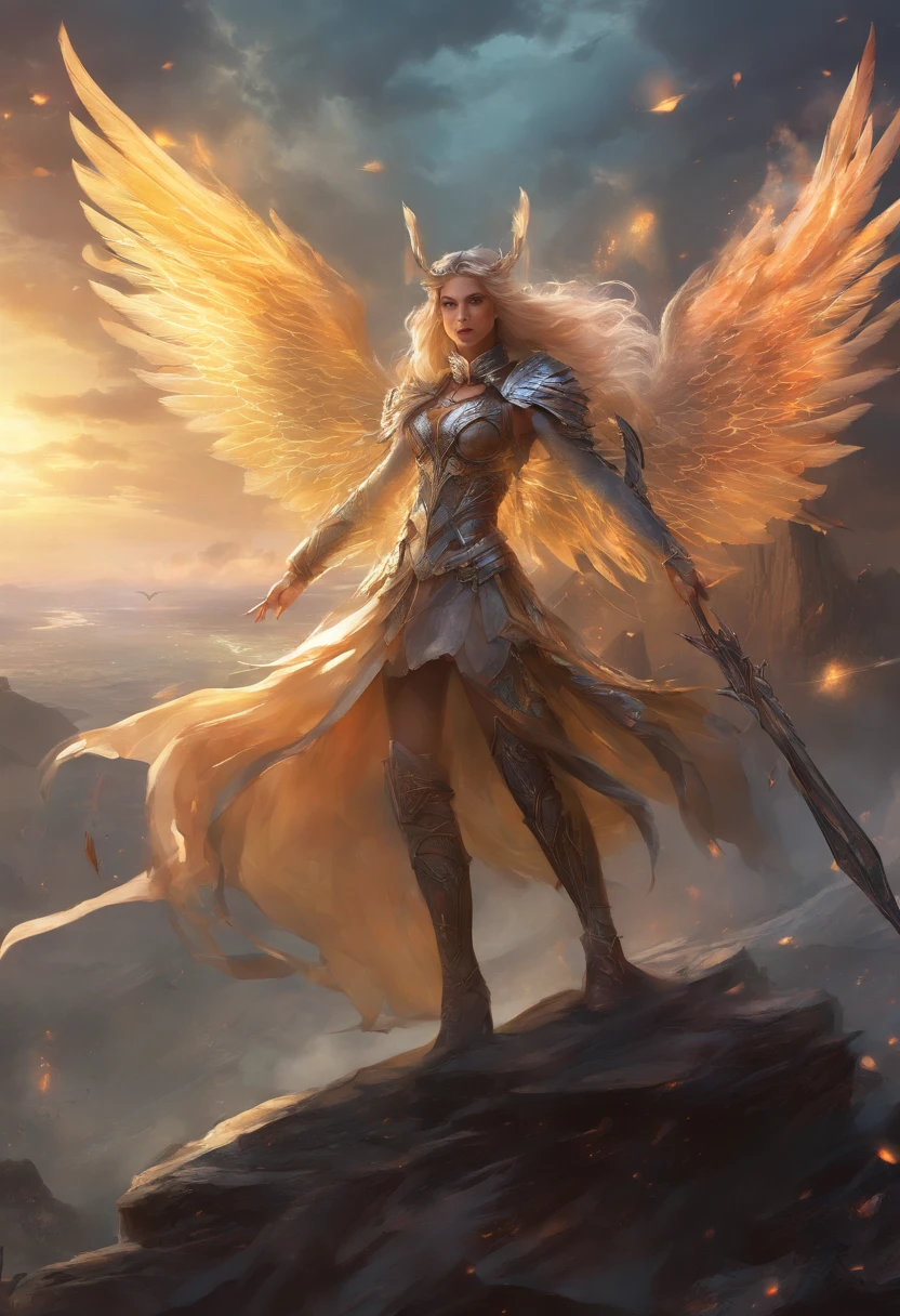 A beautiful young pale skinned elf. She is a medieval paladin well dressed in an attacking position. She's wearing armor that covers her entire body, wearing a white toque on her head, empunhando uma espada, Usando um escudo. The shield is a vertical rectangle shape. In the background are blurred green mountains. whole body view.