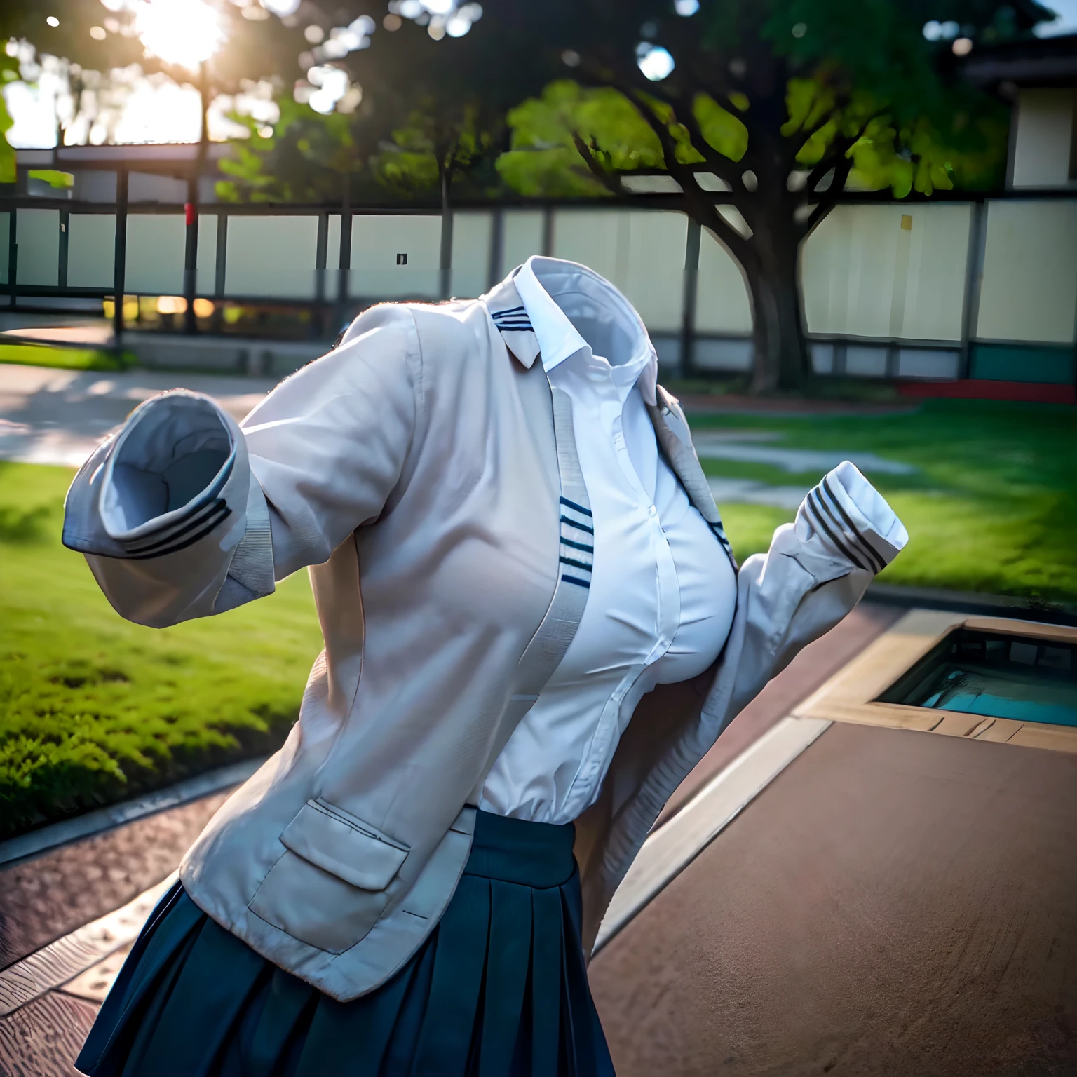 japanese school uniform, ((invisible, no humans:1.5, headless:1.5, handless, legless)), big breast, close-up to breast, from behind, big hip,
(8k, RAW photo, best quality, masterpiece:1.2), (realistic, photo-realistic:1.37),photon mapping, radiosity, ((Hasselblad photography)),physically-based rendering,