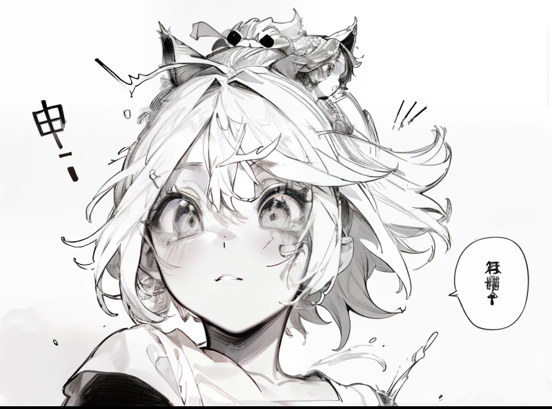 a drawing of a girl with a cat on her head, detailed manga style, in manga style, black and white manga panel, kentaro miura manga art style, olhar para os lados, she has a distant expression, Manga art style, & her expression is solemn, ela tem um rosto expressivo bonito, in style of manga, a manga drawing, striking manga artstyle