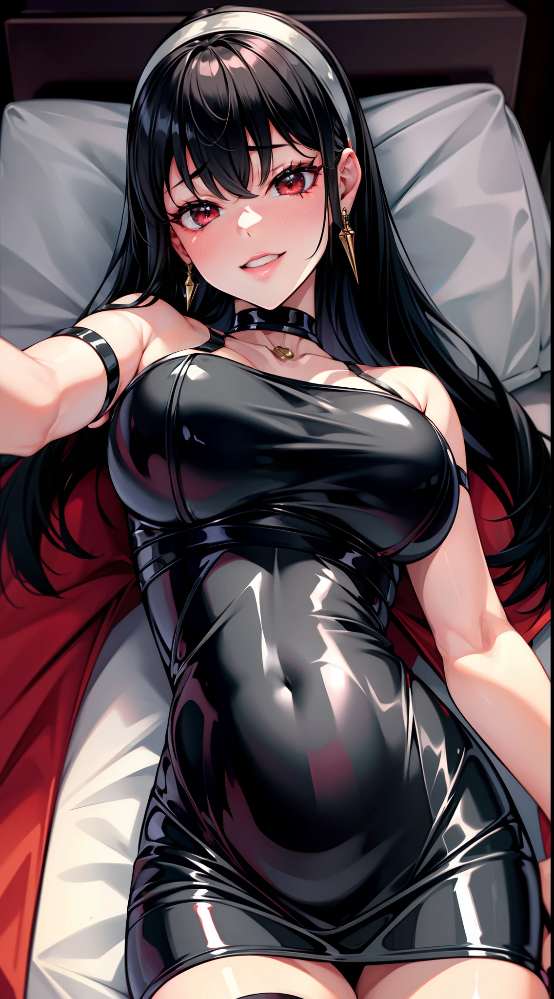 8k, highres, ultra detailed, (masterpiece:1.4), best quality, symmetrical body, (tight short black latex dress:1.4), choker, cute, solo, earrings, long hair, black hair, Red eyes, glow effect, finely eye, wide smile, detailed face, looking at viewer, smilling at viewer, bedroom, lie on bed, angled view, big breasts, seductive look