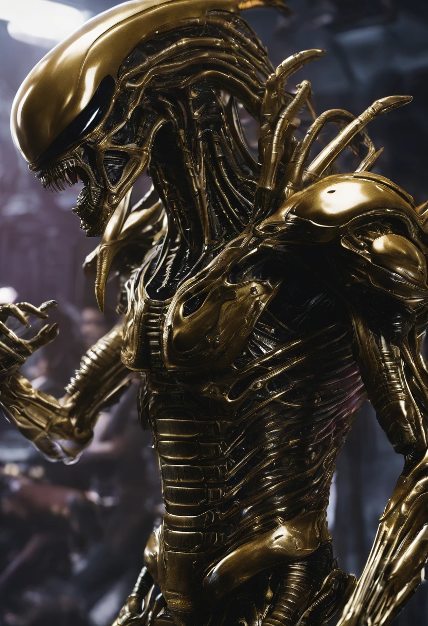 Xenomorph，golden armour，Full body photo，Sharp teeth，high - tech，Laser laser，Delicate picture