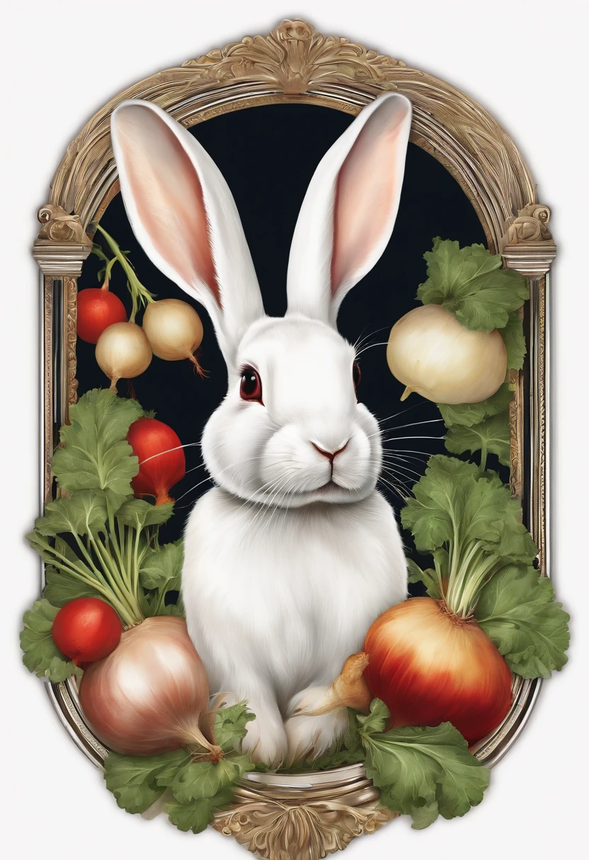 a sticker,edgBunny, white colors, white border frame,painting of a, Rabbits eat turnips, Rabbit with turnips