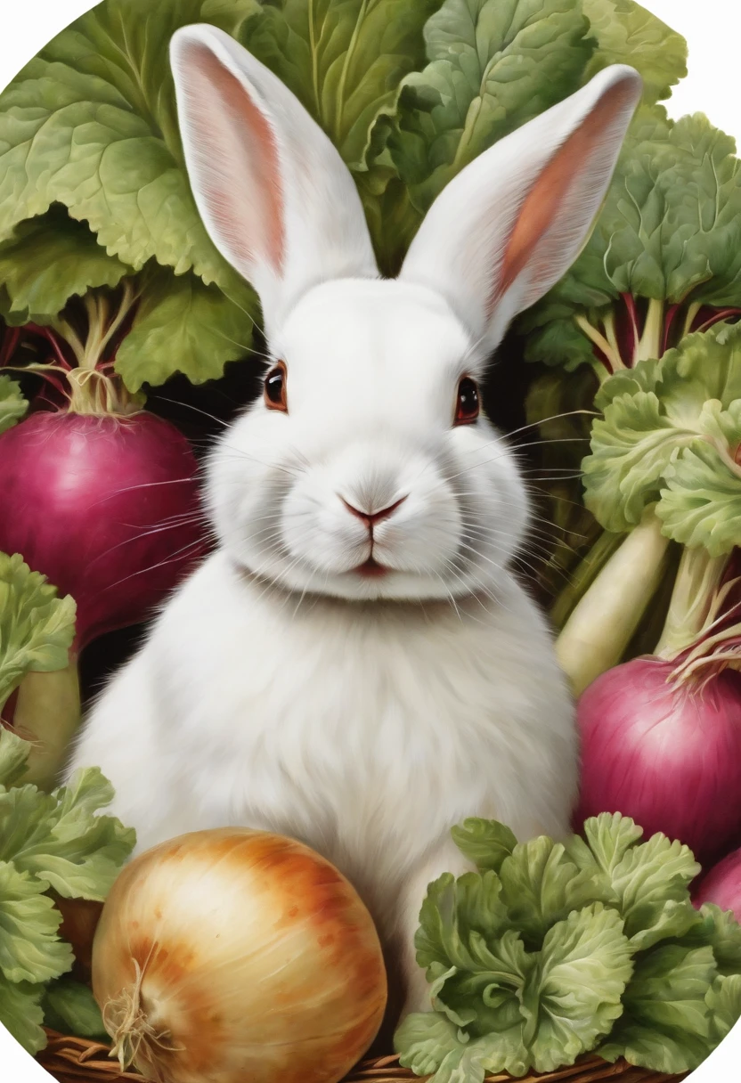 a sticker,edgBunny, white colors, white border frame,painting of a, Rabbits eat turnips, Rabbit with turnips