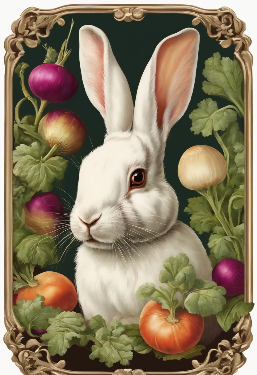 a sticker,edgBunny, white colors, white border frame,painting of a, Rabbits eat turnips, Rabbit with turnips