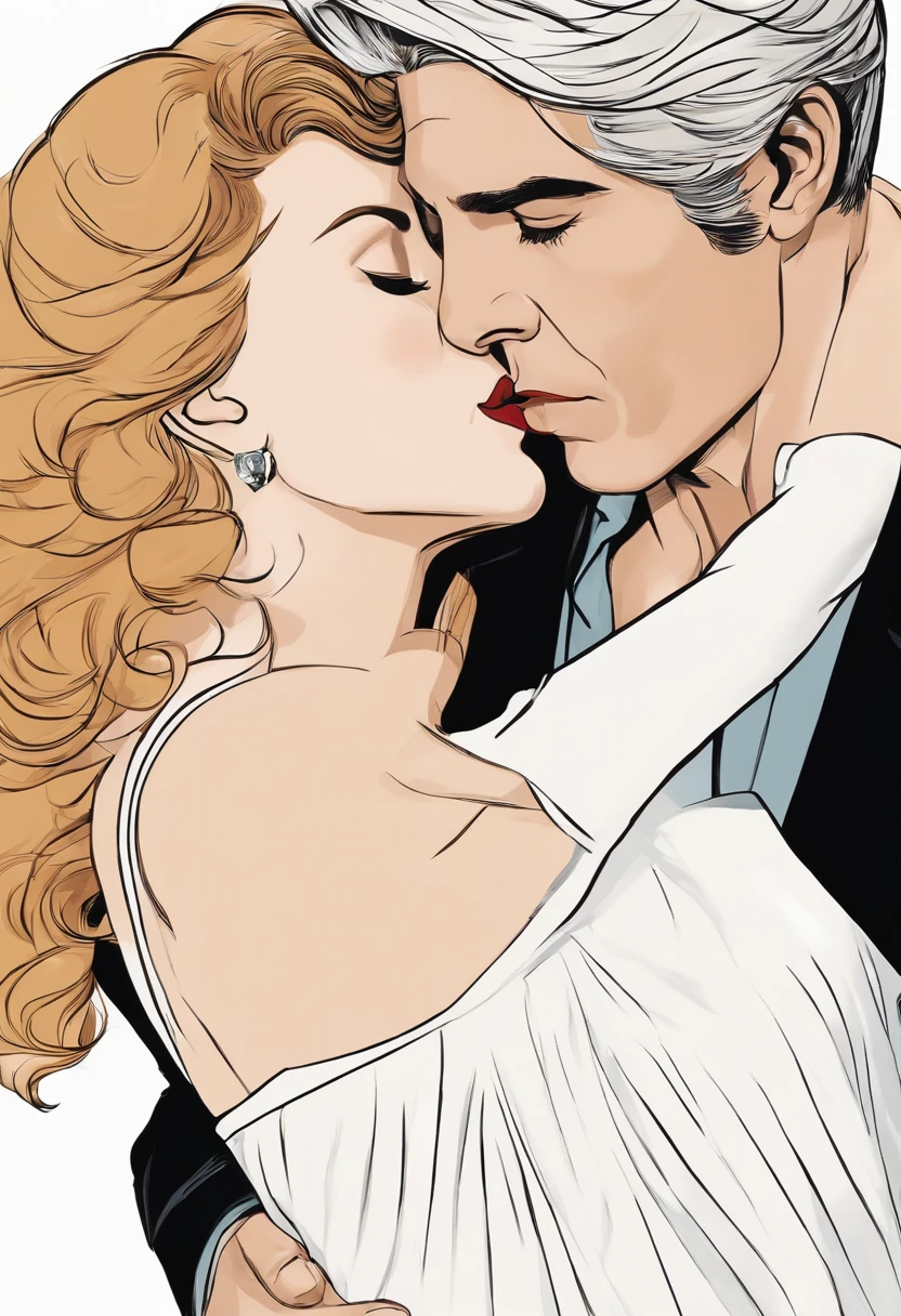 Bruce Wayne, a handsome man wearing a black suit, attractive without a beard, strong facial features, a woman with blond hair styled and seductive, wearing a black jacket and transparent pants, they kiss affectionately as Bruce grabs her buttocks in the restaurant.