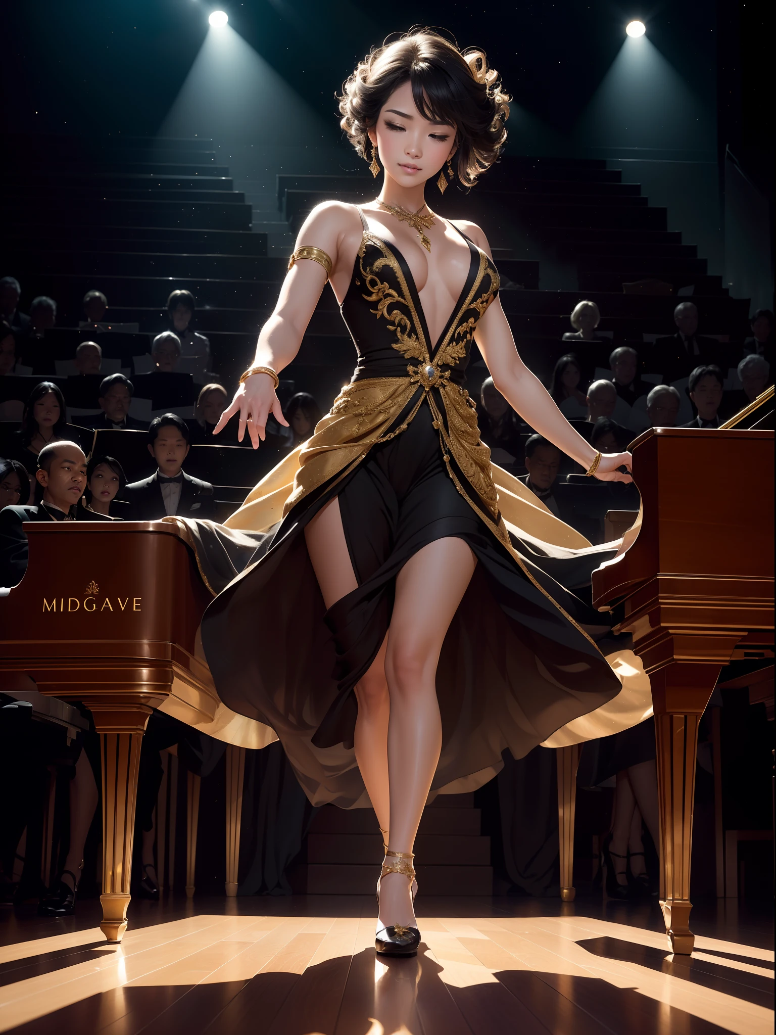 (best quality,4k,8k,highres,masterpiece:1.2),ultra-detailed,(realistic,photorealistic,photo-realistic:1.37),grand piano,shiny black surface,ornately carved legs,gleaming white keys,elaborate gold accents,melodious music,impressive stage setup,professional pianist,gorgeous concert hall,enthusiastic audience,dramatic lighting,gentle spotlight,focused pianist's hands,splendid performance,harmonious melody,vibrant music notes,captivating atmosphere,elegant musician,great passion,perfect technique,powerful emotions,artistic interpretation,expressive facial expressions,graceful body movements,fascinating music compositions,sweeping melodies,fast-paced rhythm,gripping performance,synchronized ensemble,inspiring solo piece,beautiful stage decorations,sophisticated backdrop,starry night sky,soft moonlight streaming through windows,magical ambiance,intricate patterns on the floor,colorful stage costumes,enchanted audience,overwhelming applause,standing ovation.