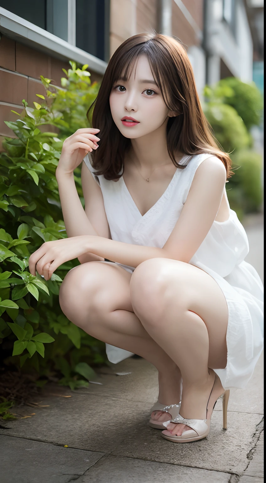 finely detail, hight resolution, hightquality、Perfect dynamic composition, Beautiful detailed eyes, Medium Hair, small tits、Natural Color Lip,Kamimei、Shibuya、20 years girl、1 persons、Transparent skin、Glowing hair、masutepiece, Best Quality, Illustration, Ultra-detailed, finely detail, hight resolution, 8K、The correct state of the human body、crouching down、Gravure Model Pose，Hair fluttering in strong winds，high-heels