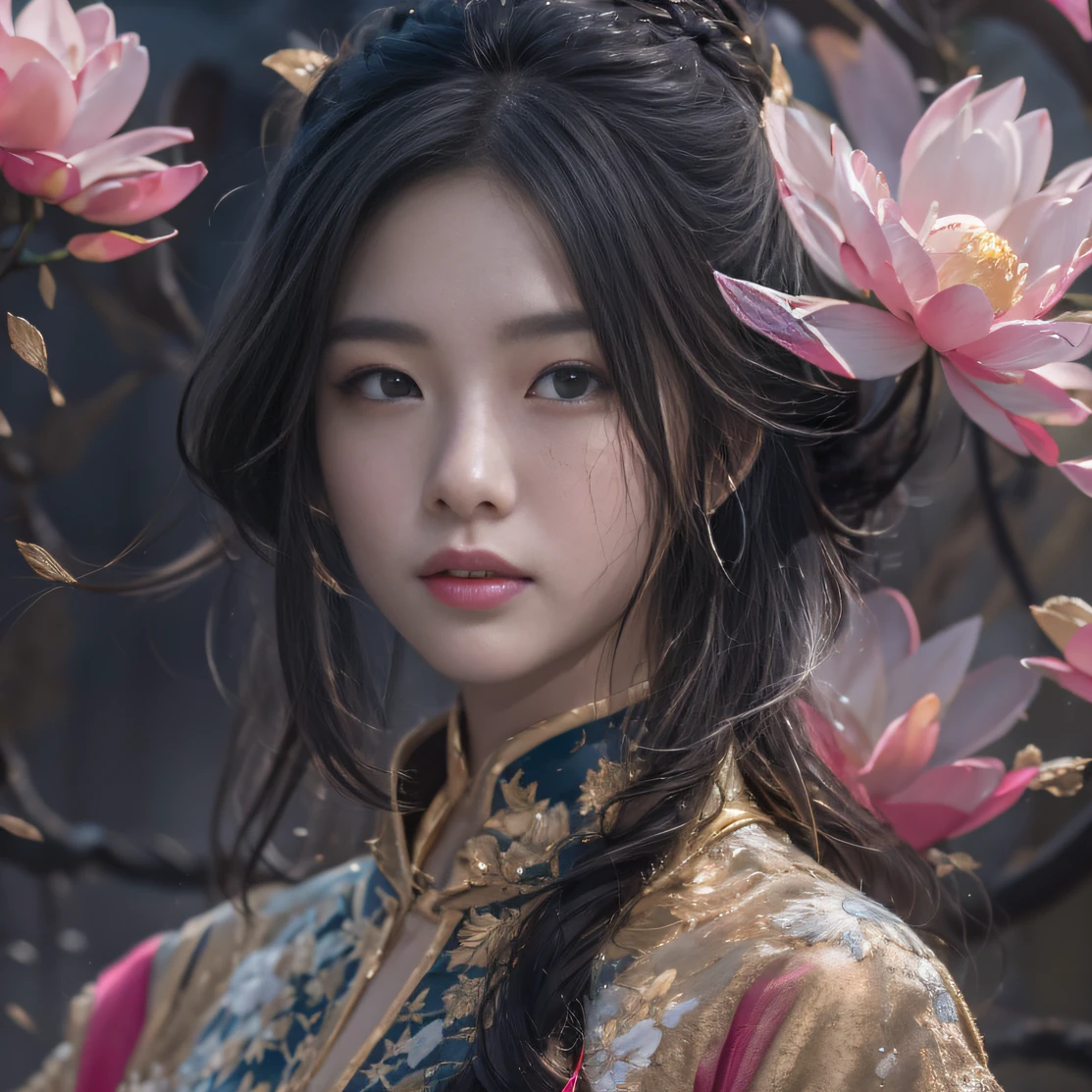 32K(tmasterpiece,k hd,hyper HD,32K)Long flowing black hair,ponds,zydink, a color, Aozhou people (Concubine girl), (Silk scarf), Combat posture, looking at the ground, long whitr hair, Floating hair, Carp pattern headdress, Chinese long-sleeved clothing, (abstract ink splash:1.2), Pink petal background,Pink and white lotus flowers fly(realisticlying:1.4),Black color hair,Fallen leaves flutter,The background is pure, A high resolution, the detail, RAW photogr, Sharp Re, Nikon D850 Film Stock Photo by Jefferies Lee 4 Kodak Portra 400 Camera F1.6 shots, Rich colors, ultra-realistic vivid textures, Dramatic lighting, Unreal Engine Art Station Trend, cinestir 800,Long flowing black hair,Denim skirt