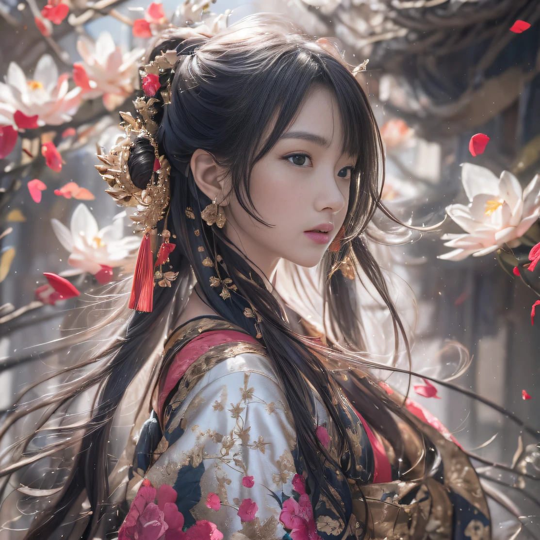 32K（tmasterpiece，k hd，hyper HD，32K）Long flowing black hair，ponds，zydink， a color， Aozhou people （Concubine girl）， （Silk scarf）， Combat posture， looking at the ground， long whitr hair， Floating hair， Carp pattern headdress， Chinese long-sleeved clothing， （abstract ink splash：1.2）， Pink petal background，Pink and white lotus flowers fly（realisticlying：1.4），Black color hair，Fallen leaves flutter，The background is pure， A high resolution， the detail， RAW photogr， Sharp Re， Nikon D850 Film Stock Photo by Jefferies Lee 4 Kodak Portra 400 Camera F1.6 shots, Rich colors, ultra-realistic vivid textures, Dramatic lighting, Unreal Engine Art Station Trend, cinestir 800，Long flowing black hair，Denim skirt