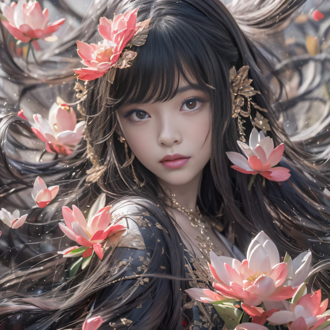 32K（tmasterpiece，k hd，hyper HD，32K）Long flowing black hair，ponds，zydink， a color， Aozhou people （Concubine girl）， （Silk scarf）， Combat posture， looking at the ground， long whitr hair， Floating hair， Carp pattern headdress， Chinese long-sleeved clothing， （abstract ink splash：1.2）， Pink petal background，Pink and white lotus flowers fly（realisticlying：1.4），Black color hair，Fallen leaves flutter，The background is pure， A high resolution， the detail， RAW photogr， Sharp Re， Nikon D850 Film Stock Photo by Jefferies Lee 4 Kodak Portra 400 Camera F1.6 shots, Rich colors, ultra-realistic vivid textures, Dramatic lighting, Unreal Engine Art Station Trend, cinestir 800，Long flowing black hair，Denim skirt