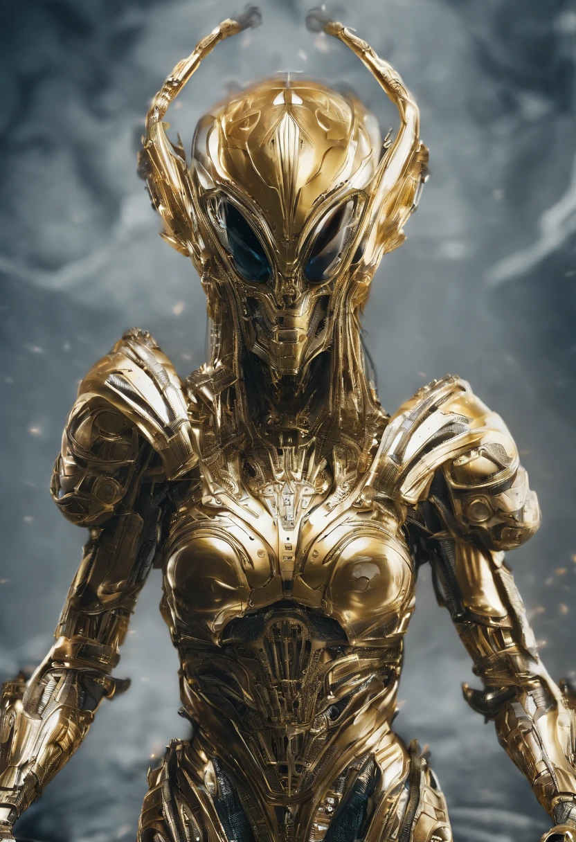 Alien Queen,golden armour,Full body photo,Sharp teeth,high - tech,Laser laser,Delicate picture