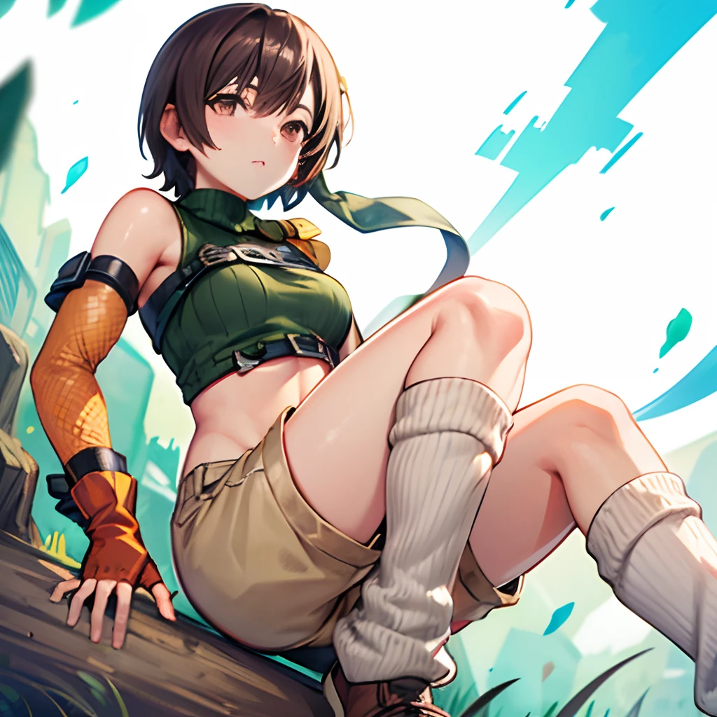 Top image quality,detaileds,reallistic,8K ,masutepiece,Short hair, head band, Sleeveless, turtle neck, Brown eyes, sleeveless turtleneck,  gloves, ,croptop, Brown hair ,Midriff, open fly, Fingerless gloves, Ribbed sweater, Shorts,Loose socks,medium breasts, Yuffie_Kisaragi_01,slender,Shorts,fantasy art