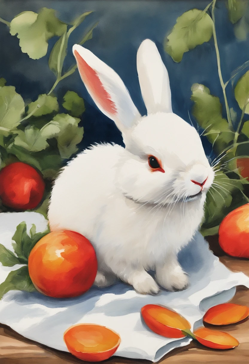 a sticker， edgBunny，Radish red and orange， Beautiful, 1:1, the watercolor style, Wet process and wet process, mute, Indigo, Fabric design, Flat illustration, highly detailed cleaning, Vector image, Masterpiece, professional, isometry, There is a distance，Bright vector, White background, Dry brush, Brush strokes, Painted on canvas, by J.m.Show on the. Turner. Expressive markers.