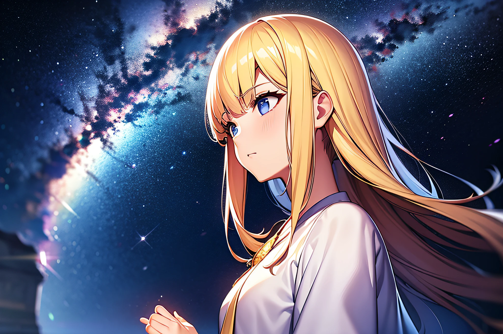 in 8K、top-quality、masterpiece、ultra-detailliert、Ultra-high resolution、(((Anime style)))、1 woman、robe blanche、a blond、Night sky on background、milkyway、Pray、closing eye、Put your hands together