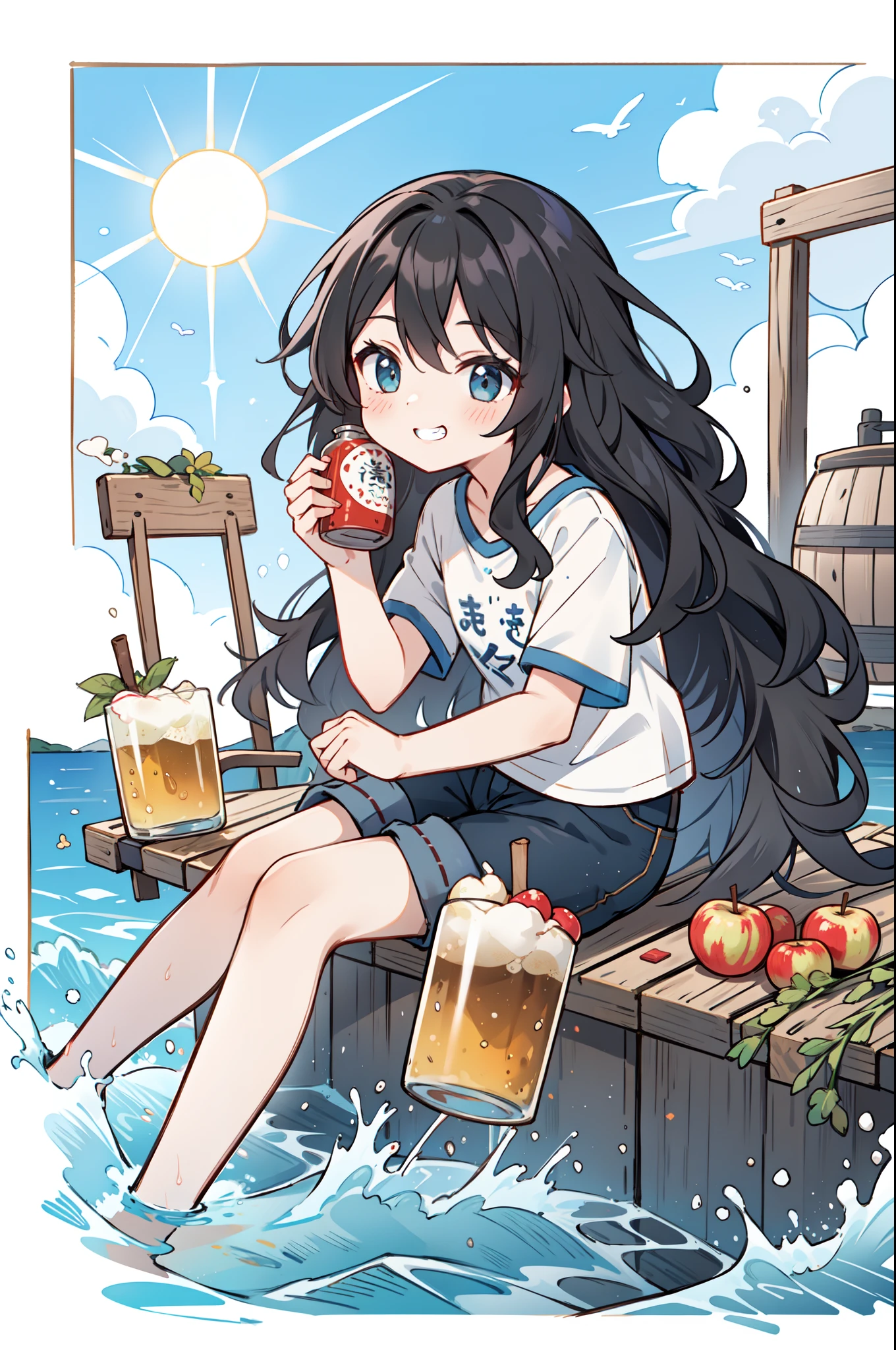 1 girl in、((Long Black Hair、Wavy Hair))、Girl with cider、Sit up、Angle from diagonally forward、Preserve cider during peering、cider、Cider bottles🍾、flask、Jar of cider、cute little、Grinning smile、夏天、Sheer sunlight、sea side、Shorts and a slightly larger T-shirt、top-quality、masutepiece