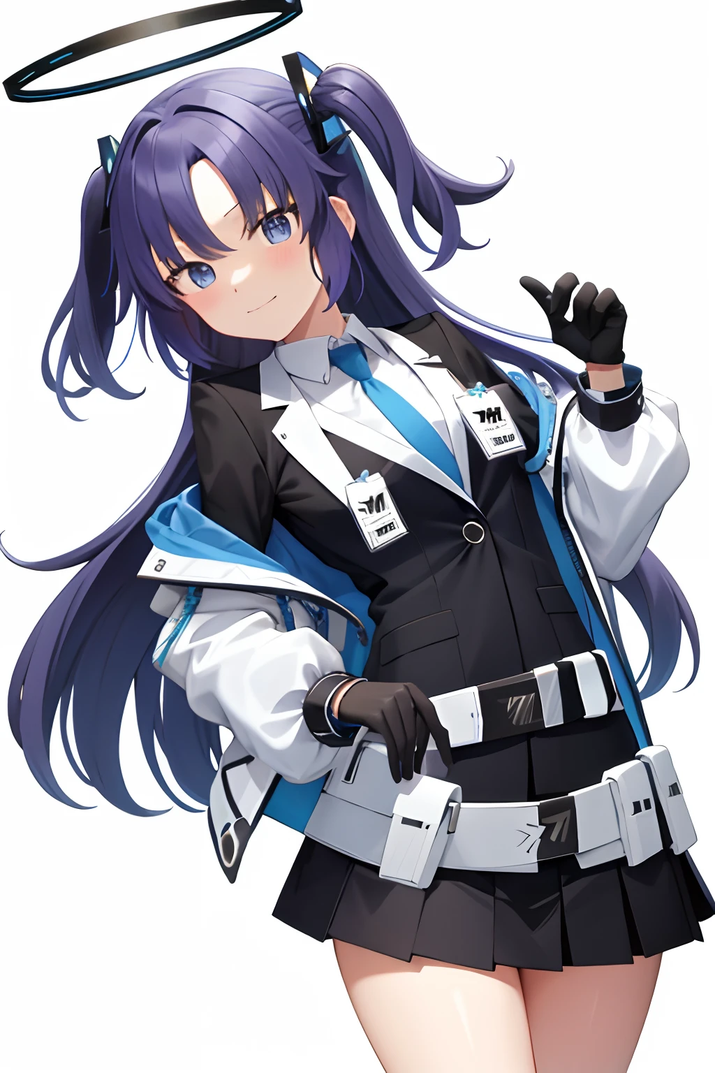 masutepiece, Best Quality, Ultra-detailed, 1girl in, Belt Pouch, Black Gloves, Black jacket, Black skirt, blue necktie, Closed mouth, default, gloves, Hair Ornament, half gloves, ID Card, Jacket, Long sleeves, Miniskirt, multicolored jacket, neck tie, Pleated skirt, Pouch, Shirt, Skirt, Solo, White background, White belt, White jacket, White shirt, yuuka,NSFW, smile