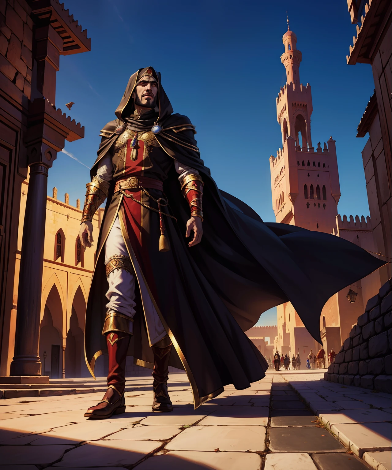Moroccan Arab Castlevania shadow lords hyper realistic super detailed Dynamic shot masterpiece of the Arab Lord Dracula scenes movie Epic Legendary perspective environment of Lord Dracula in moroccan city talking to moroccan people hyper realistic scenes movie film