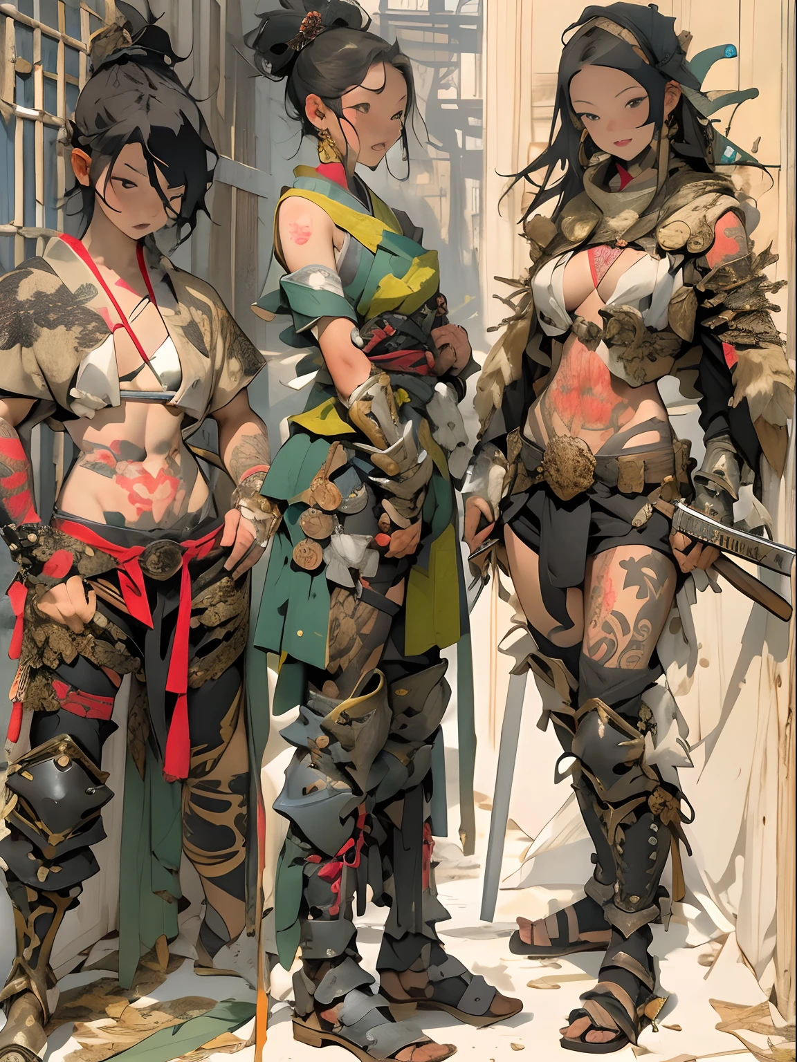 (((woman))), (((best qualityer))), (((tmasterpiece))), (((AS-Adult))), ((( Japanese ))), Look up from your knees, A beautiful asian samurai woman with perfect body, Modern samurai, ((( Asian))), Wear gloves on your hands，The left arm is made of steel and metal tips，Made of protective devices, The eyes are pulled, (( Appears below the breast )), (( Small dental floss )), Simon Bisley, Almost naked（Simon Bisley）Castle City Wilderness，For high-resolution posters, hair straight, Minimum clothing, armure (Crazy clothes ), Full of tips and rivets, tribal tattoos, (((full bodyesbian))), Straight brunette hair，Colored hair ends