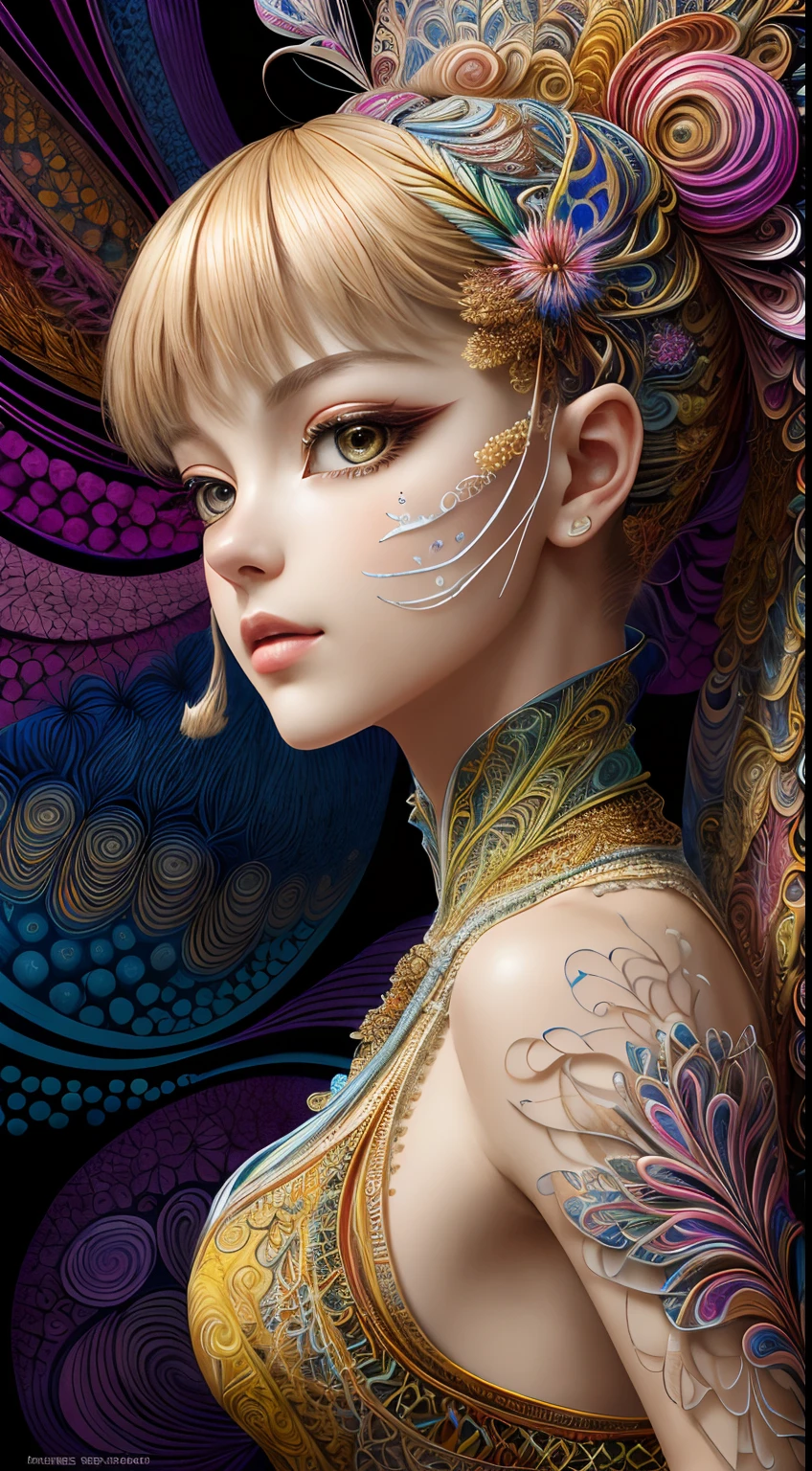 (masterpiece, top quality, best quality, official art, beautiful and aesthetic:1.2), (1girl:1.3), extremely detailed,(fractal art:1.2),colorful,highest detailed,(zentangle:1.2), (dynamic pose), (abstract background:1.5), (treditional dress:1.2), (shiny skin), (many colors:1.4), upper body, masterpiece, best quality,high quality,highres, 16K,RAW,ultra highres,ultra details,finely detail,an extremely delicate and beautiful,extremely detailed,real shadow, anime,highly detailed painted,award winning glamour paintting,wonderful paintting,art style,stylized,