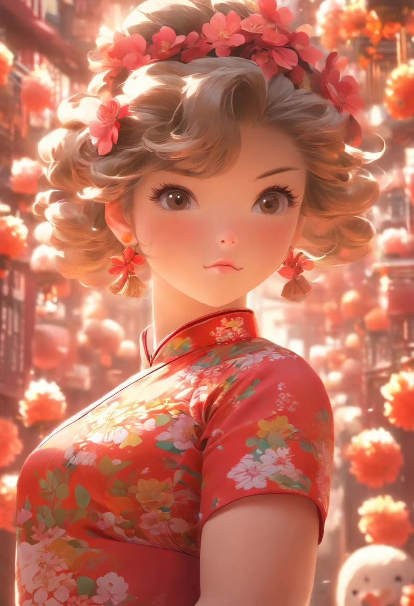 A little girl,Hold your arms,Frowning,Staring at you angrily,Pouting angrily,Floral half-sleeved cheongsam,Cute fat girl,Ball head
