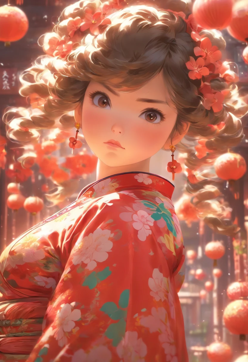 A little girl,Hold your arms,Frowning,Staring at you angrily,Pouting angrily,Floral half-sleeved cheongsam,Cute fat girl,Ball head
