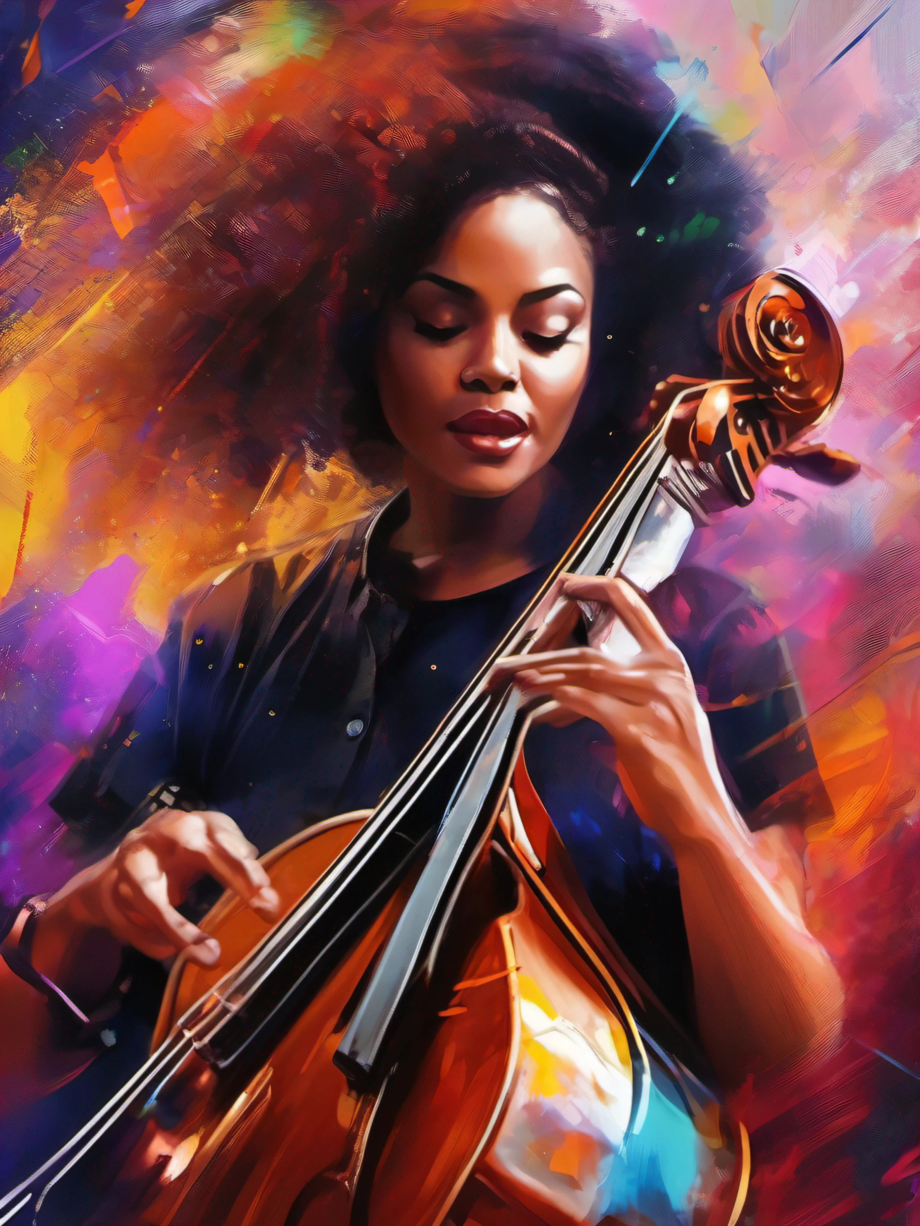 portrait of a musician, vibrant colors, realistic lighting, detailed instrument, expressive face, lively background, dynamic composition, professional, concert atmosphere, intense passion, artistic performance, energetic gestures, musical notes, harmony and rhythm, high-quality sound, emotional connection, captivating melodies, powerful vocals, melodic improvisation, rhythmic groove, soulful expression