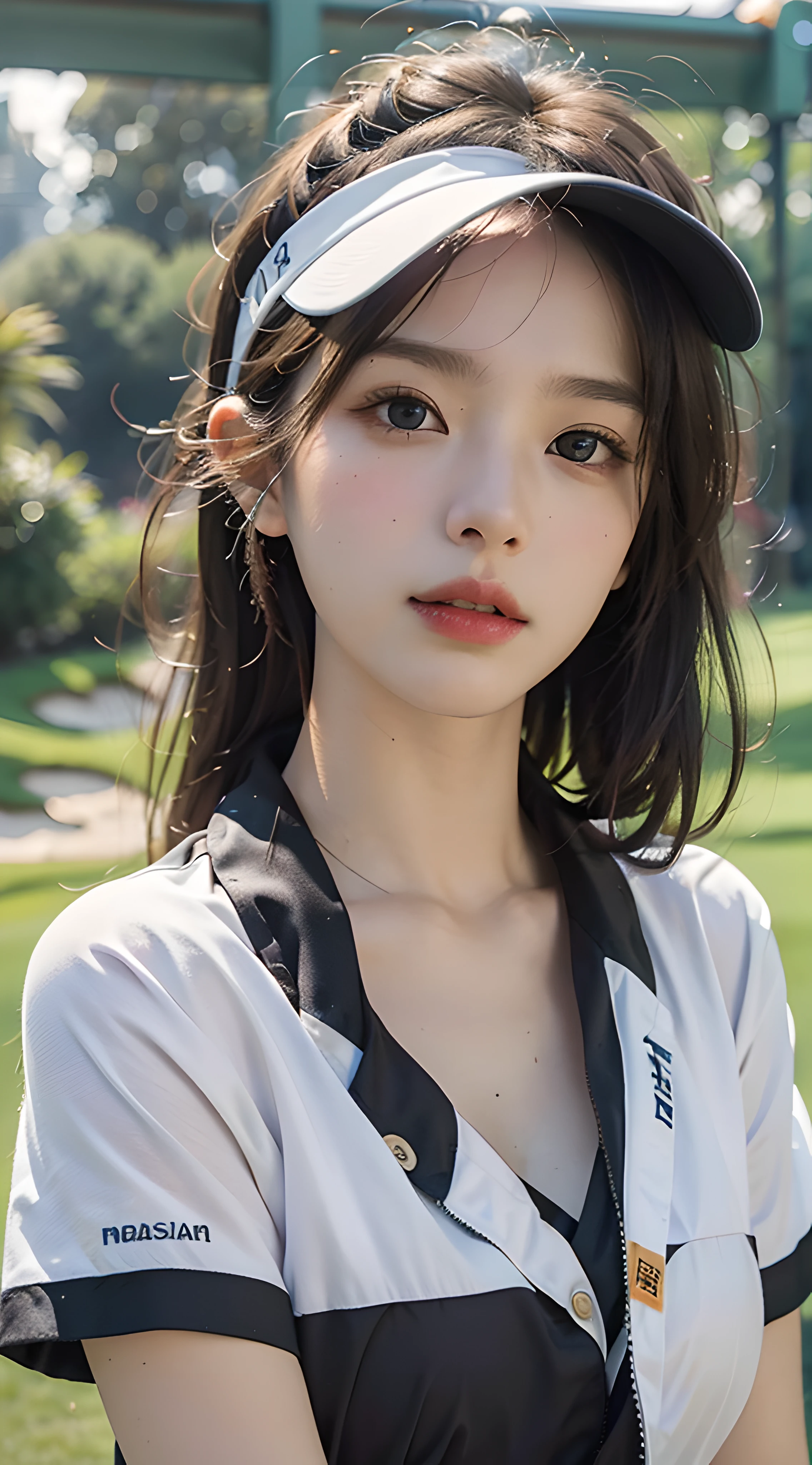 (Masterpiece: 1.3), (8K, Photorealistic, Raw foto, Best Quality: 1.4), (1Girl), beautifull face, (realistic face), (Blonde Straight Hair), beautiful hairstyle, photorealistic eyes, Beautiful detail eyes, (Realistic skin), beautiful skin, (Golfwear), absurdes, Attractive, The ultra-Highres, ultra realisic, High definition, Golden proportions, (golf_ Wear a costume and play golf_Sun visor), ((Moderate chest, s whole body)), ((Japanese people))