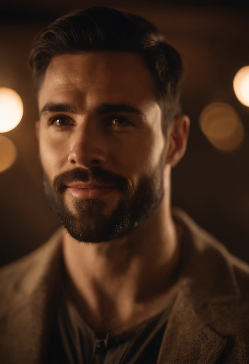 a 30 year old man, rectangular face, square jaw, with tall muscular body, short black hair, brown eyes with smile expression, prominent cheekbone, a little chubby cheek, goatte beard, Edward Robert Hughes art style, warm color grading, rear projection, light leaks, golden hour, long exposure, lens flare, close-up shot, extreme close-up, realistic style