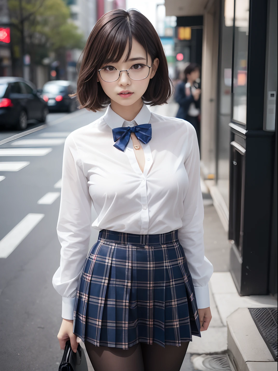 (8K、Raw photography、top-quality、masterpiece:1.2),absurderes,a small face,small tits,flat breast,Parting the bangs from the middle、Forehead visible,(Tight eyes,Bullish,skinny,Rasping,irate)、masterpiece,top-quality、超A high resolution,Raw photo,ren,Beautiful fece,One Person, 独奏,eye glass,,Dark look,Small breasts,fullllbody,Round glasses、cute little、A Japanese Lady,is standing,(Tight eyes,Bullish,skinny,Rasping,irate,small tits,flat breast)、(Photorealsitic:1.37)、Photon mapping,Light blue ribbon,Realistic、Cute little face,Brown-eyed、Black socks、(Red bow tie)、Radio City、Physically Based Rendering、Foreground、depth of fields、Blurry background、a picture,The girls、Body, Long legs, Thin leg,Semi-bob cut,(Bangs are visible), hair, s lips, Blue_The eye, nosesoft,White shirt, Navy blue and white plaid pleated skirt, Knees are visible,Sheer clothing,, Thigh, Black cotton socks,Nogizaka Idol, 女優, Japanese ido