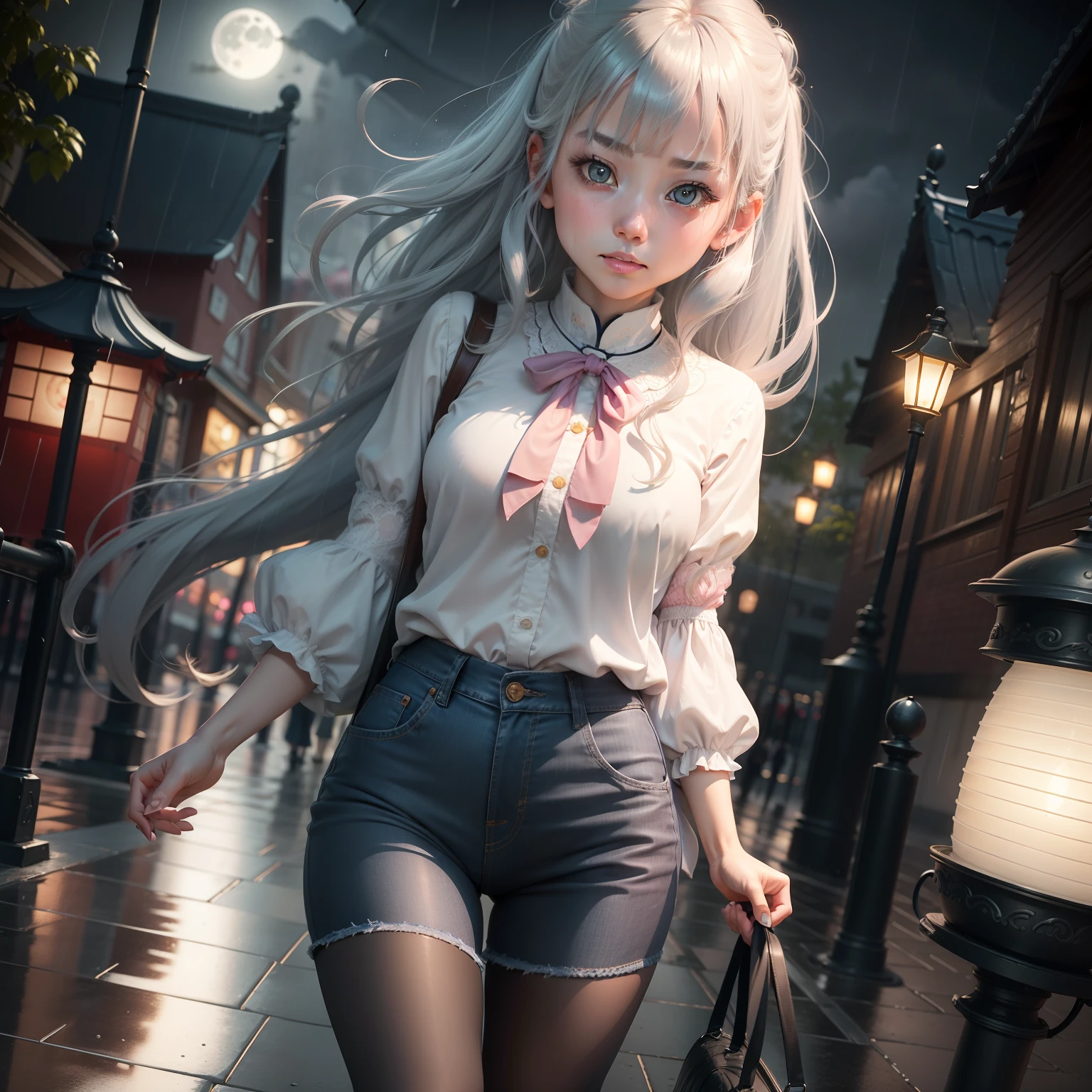 On the rainy playground, the girl hit the umbrella above her head, and held an umbrella in her other hand, blue denim leggings, masterpiece superb night moon full moon 1 female mature woman, Chinese sister royal sister cold face showing silver white long hair woman light pink lips calm intellectual three banded gray elementary school student assassin lantern lantern flower ball background strolling street scene, long hair shawl,