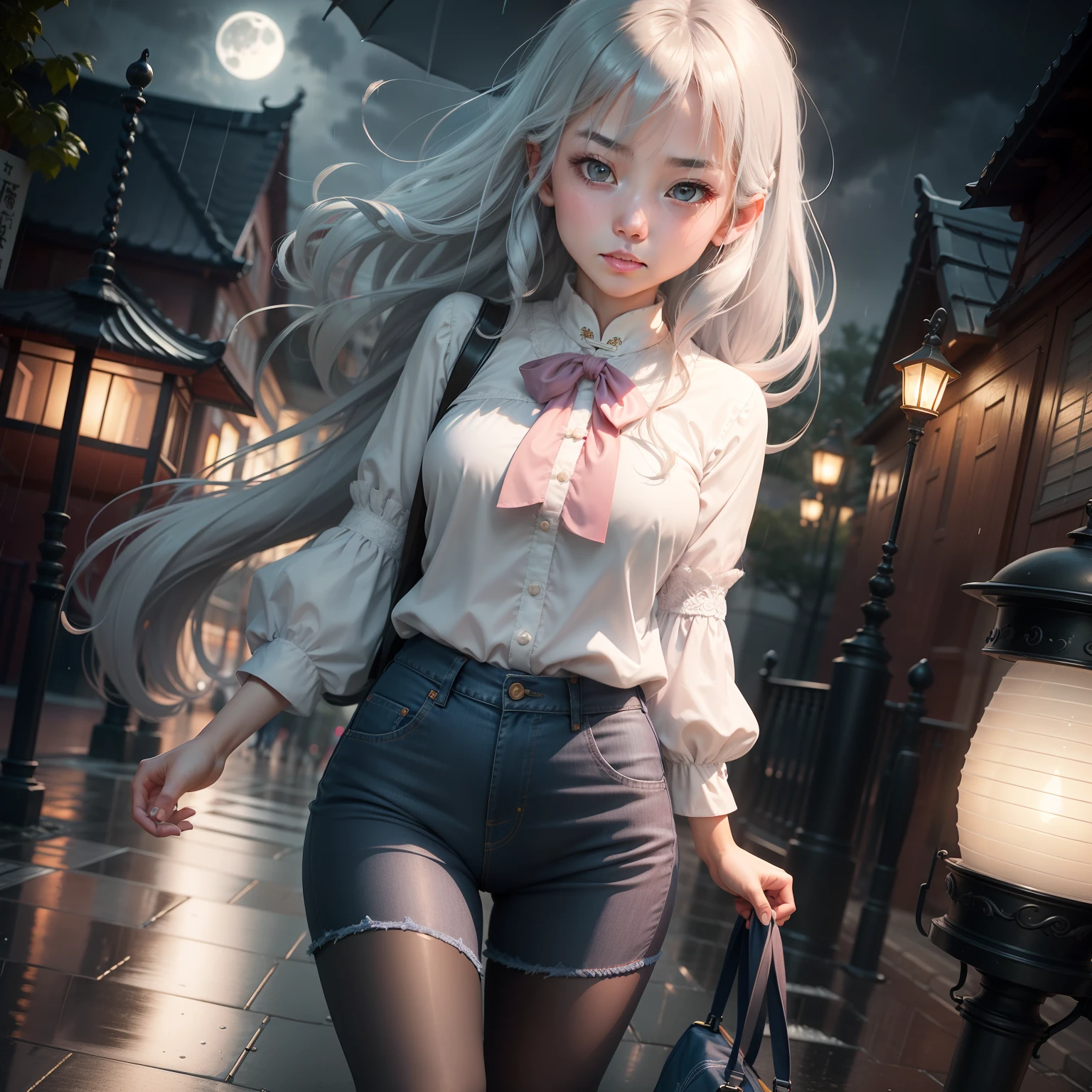 On the rainy playground, the girl hit the umbrella above her head, and held an umbrella in her other hand, blue denim leggings, masterpiece superb night moon full moon 1 female mature woman, Chinese sister royal sister cold face showing silver white long hair woman light pink lips calm intellectual three banded gray elementary school student assassin lantern lantern flower ball background strolling street scene, long hair shawl,
