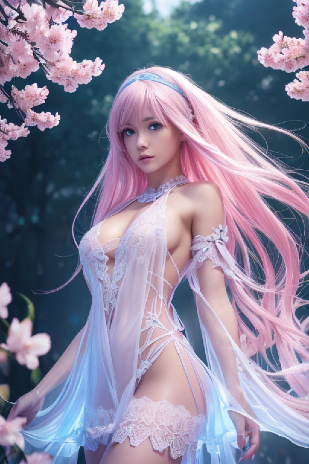 (CG Unity 8K wallpapers are extremely detailed) (Better quality) (better lighting) (extreamly delicate and beautiful) (Floating) (Beautiful) (Spring atmosphere) (1girl) (long pink hair), (Headband for hair), (Detailed and beautiful blue eyes), ((Very short white dress, pink lace underside), (lace), ((light transparent silk))), (cherry blossom petals), (Butterflies), (Depth of field), (surround light) Cinematic lighting, chromatic aberration, Sony FE GM, Textured skin, High Details, hight resolution, 8K
