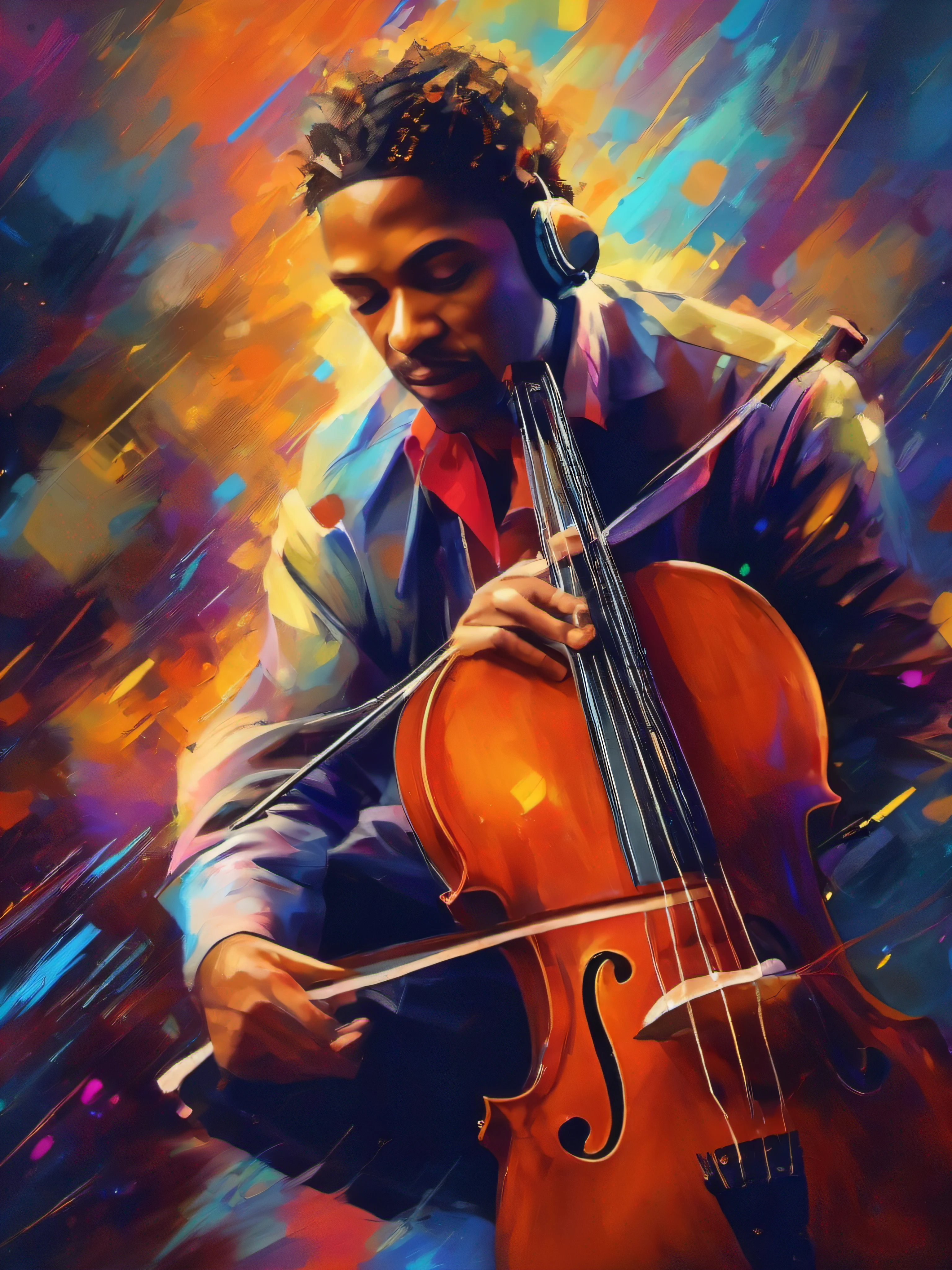 portrait of a musician, vibrant colors, realistic lighting, detailed instrument, expressive face, lively background, dynamic composition, professional, concert atmosphere, intense passion, artistic performance, energetic gestures, musical notes, harmony and rhythm, high-quality sound, emotional connection, captivating melodies, powerful vocals, melodic improvisation, rhythmic groove, soulful expression