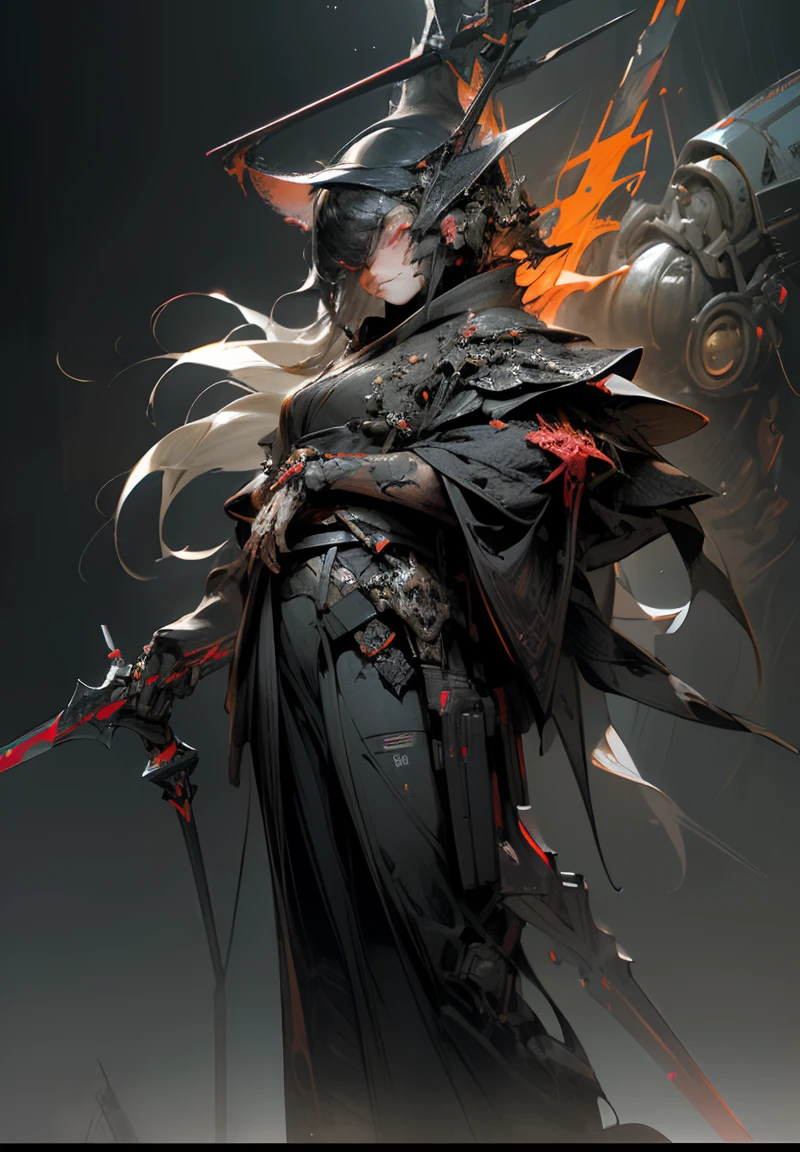 Ruins、Holding_arma、No_The human、Shines、droid、buliding、blazing_Eyes、Orange Mecha、scienc_fiction、城市、Realistic、mechs、background of the Milky Way galaxy、neons、cyberpunked、Steampunk Chrome White Black(masterpiece、top-quality、top-quality、Official art、ighly detailed、(Fractal Art:1.3)、colourfull、Best Detail Future City, Cyberpunk, Violence, decadence, Future Society, Ocean Sea Artbot (((Best Quality))), ((masutepiece)) Full body, Femme Fatale Cyborg Assassin, (((One spear))) With black glossy futuristic mask, Dark grey metal body armor, Wear ((Traditional black kimono, Neofuturistic visual aesthetics, ((Perfect robotic eyes)) ((perfect symmetry)), Perfect face, Perfect body, Detailed white ink body art, dark palette, Black Neon Tips, Neo-Noir Japanese, Colorful tag graffiti on metal body frame and helmet, Dark Neo Noir Cyber, The composition is dark & A future with a retro 80s retro twist & Visual aesthetics of synthwave, Sci-fi horror, Dark sci-fi horror overtones, Dark apocalyptic building dark ominous clouds, Dystopian atmosphere, Dash's (Dark pulp surrealism), Undeservedly beautiful, cgsociety, Low fidelity dark grunge core, neon noire, Apocalypse Art, Dystopian Art, Sabatier Filter, Cinematic lighting, dieselpunk, Black ink splatters and oil grunge, enigmatic, Forbidden art, Perfect composition, Fits within the frame, Strangely ominous, Nightmare fuel, Intricate details,Neon Horror St.......3D Unreal Engine Rendering, A dark story is unfolding, Close up portrait of a person with sword and armor, very beautiful cyberpunk samurai, ArtGerm Craig Mullins, craig mullins style, Craig Mullins Necro, epic sci-fi character art, epic sci - fi character art, from arknights, epic sci-fi character art, wlop and krenz cushart, krenz cushart and wenjun lin