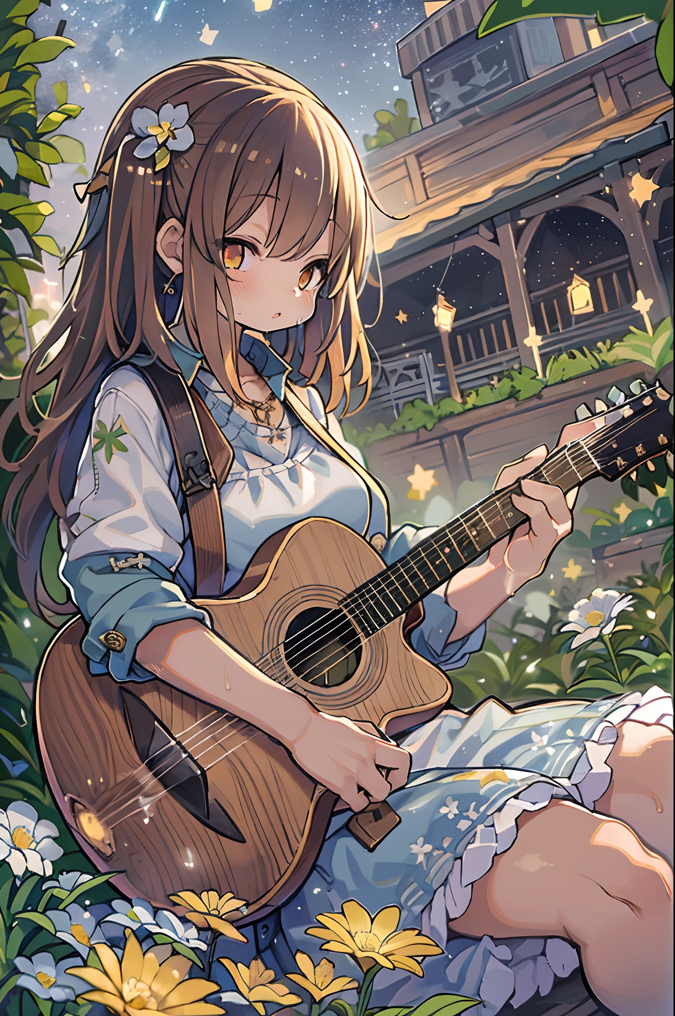 of the highest quality, high_resolution, Distinct_image, Detailed background, girl, flower, garden, Starry sky,Playing the guitar