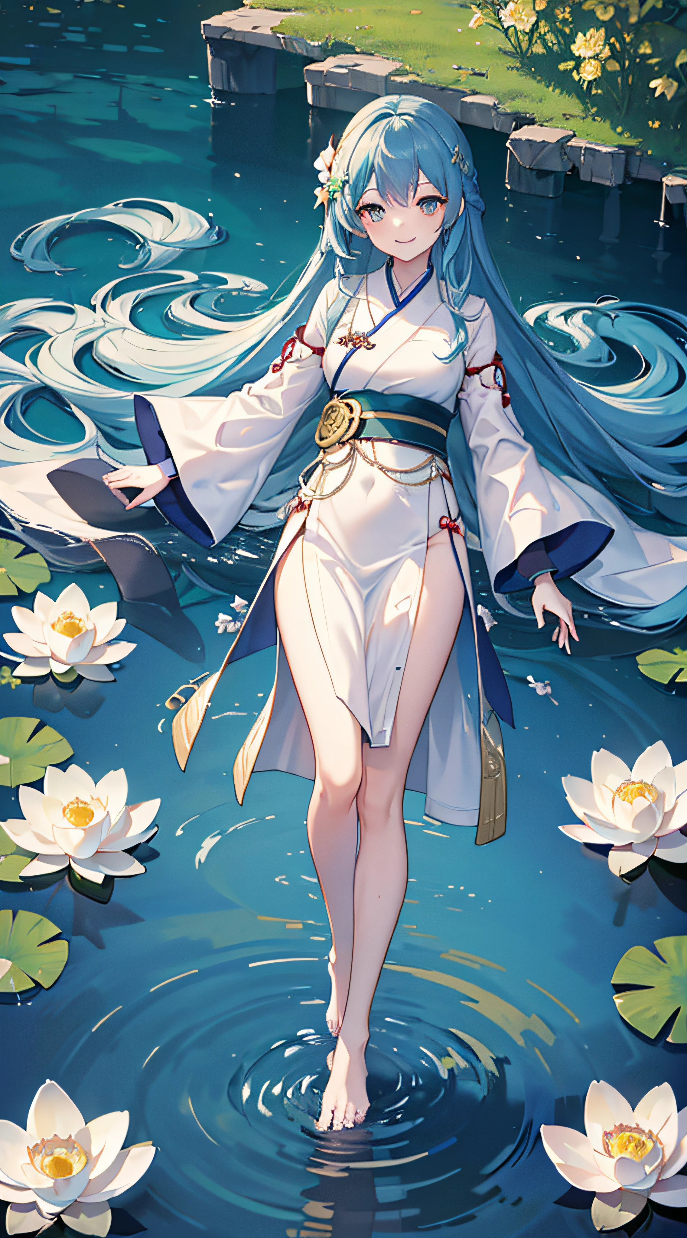 ((4k,masterpiece,best quality)), shuimobysim, traditional chinese, lotus, hanfu, maxiskit, dress conservatively 1girl, solo, long blue hair, smile, standing, feet in the water, barefoot,