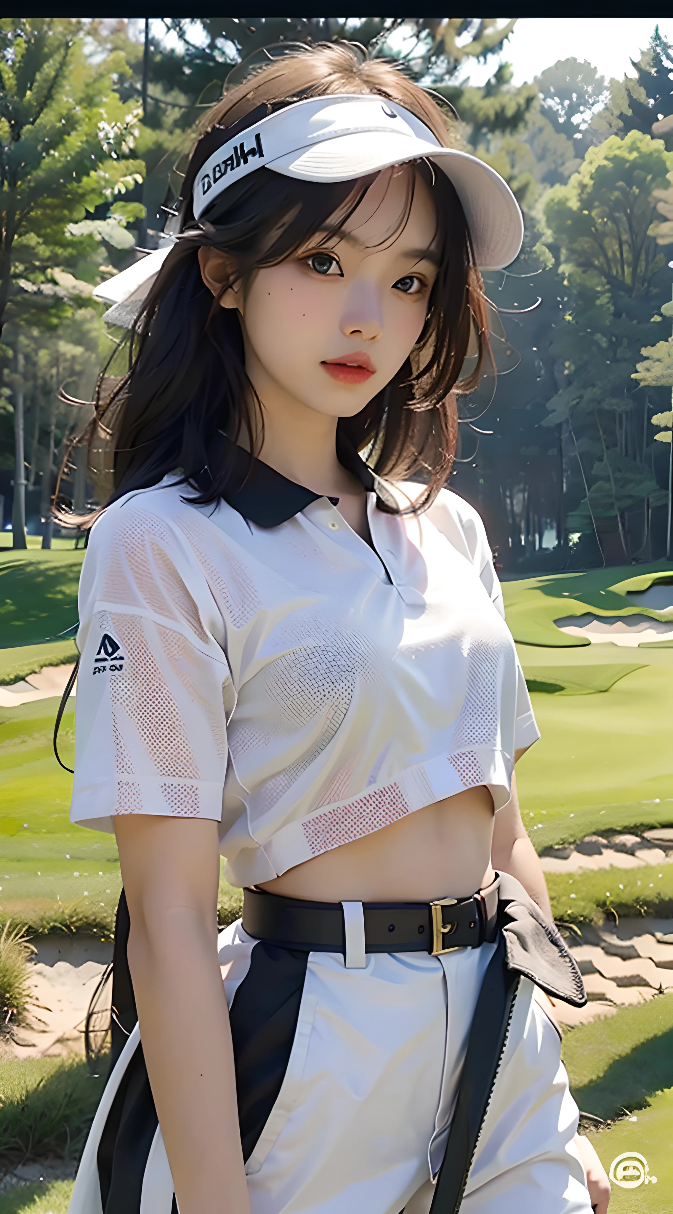 (Masterpiece: 1.3), (8K, Photorealistic, Raw foto, Best Quality: 1.4), (1Girl), beautifull face, (realistic face), (Black hair), beautiful hairstyle, photorealistic eyes, Beautiful detail eyes, (Realistic skin), beautiful skin, (Golfwear), absurdes, Attractive, The ultra-Highres, ultra realisic, High definition, Golden proportions, (golf_ Wear a costume and play golf_Sun visor), ((Moderate chest, s whole body)), ((Japanese people))
